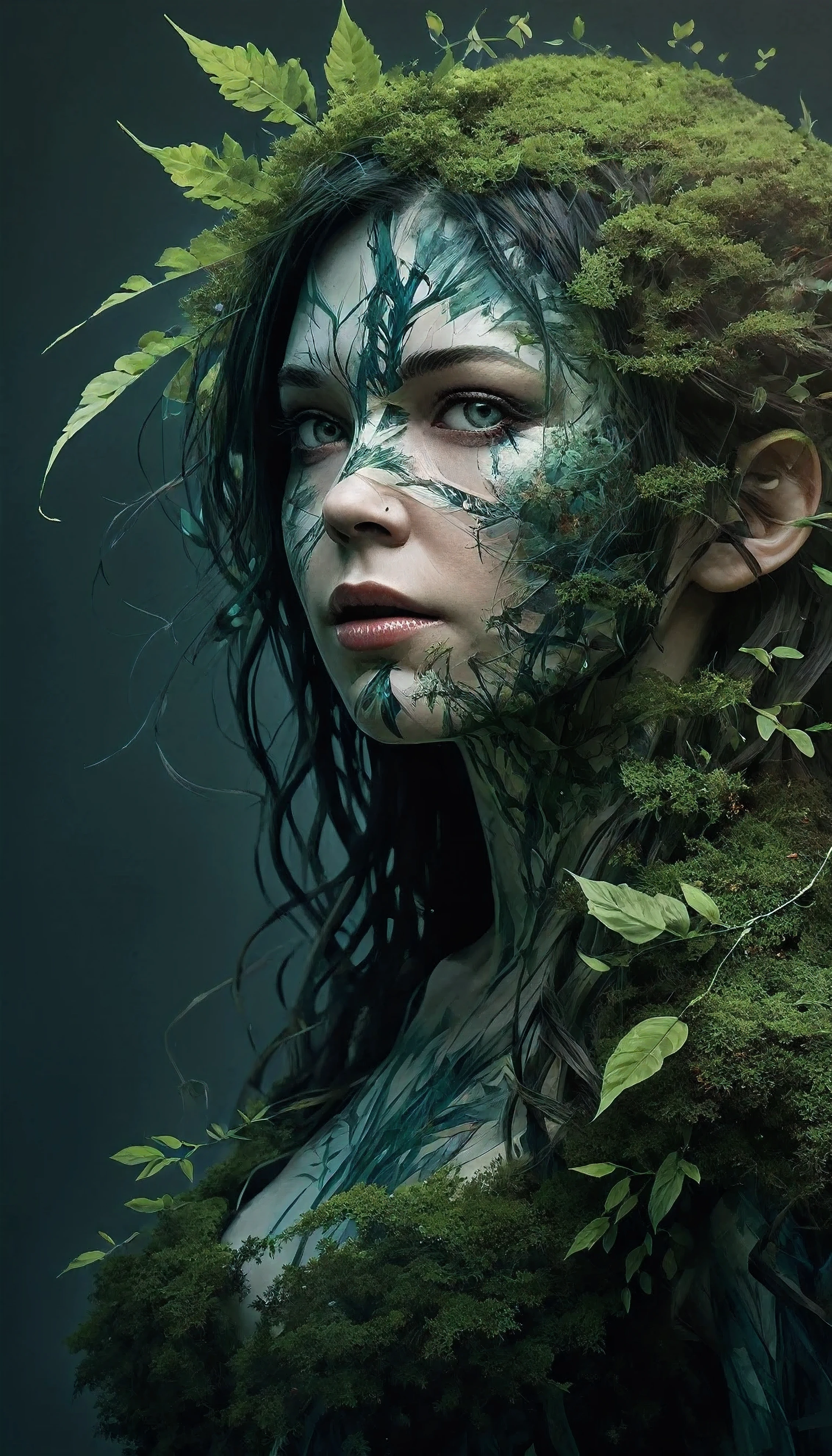 mysterious silhouette forest elvf woman, by Minjae Lee, Carne Griffiths, Emily Kell, Geoffroy Thoorens, Aaron Horkey, Jordan Grimmer, Greg Rutkowski, amazing depth, masterwork, surreal, geometric patterns, intricately detailed, bokeh,  perfect balanced, deep fine borders, artistic photorealism , smooth,  great masterwork by head of prompt engineering   