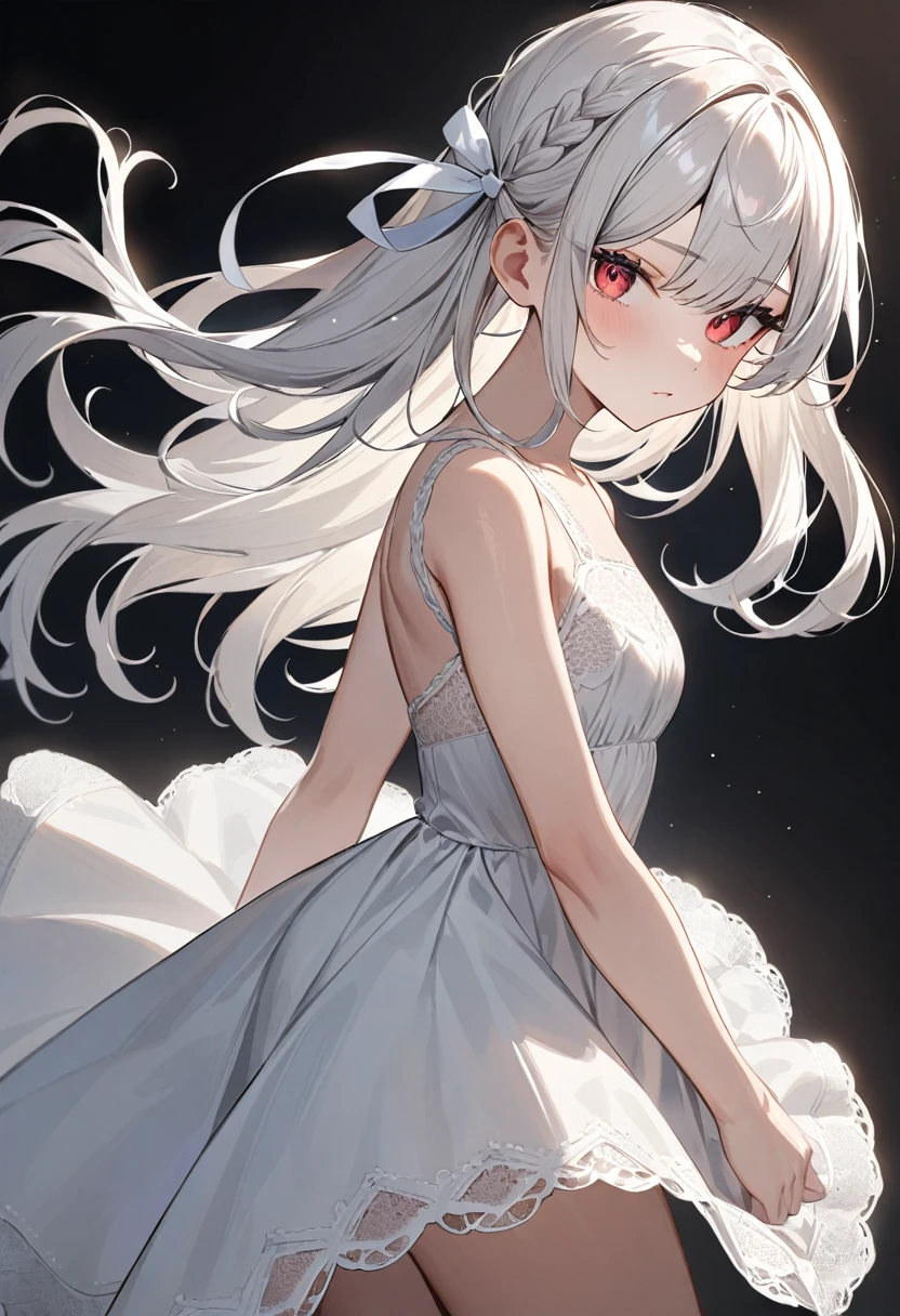 (masterpiece, top quality, very aesthetic, 4k、illustration), intricate detail, 1woman,、solo,contrapposto 、Strong glowing eyes、,(cowboy shot)、、(),beautiful face、(from side)、serious、straight hair、(red to white gradient hair:1.2)、hair ribbon,middle hair,sidelock ,レッド　eyes、white lace Summer Dresses、small breasts、Slim 、dim　background