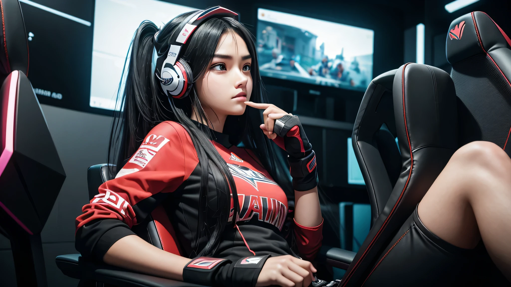 Gamer girl, black hair, long hair, sitting in gaming chair, using headset, tournament Atmosphere, serious face, playing mobile game, facing away, fist bump her teammate, best quality, 8k, ultra realistic