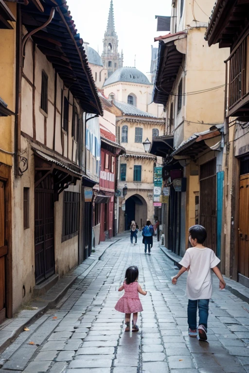 I want an image of an old city with children playing all the time