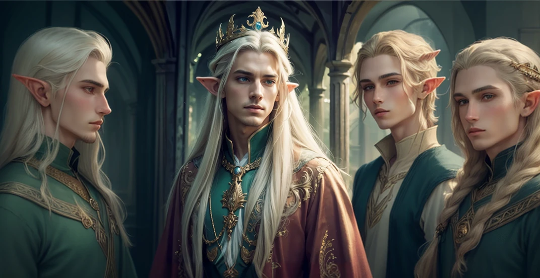 arafed male elf with long blonde hair and a crown, beautiful male elf, a portrait of a male elf, elven male, a male elf, side portrait of elven royalty, portrait of a young elf wizard, portrait of a slender elven man, beautiful androgynous prince, elven, very beautiful elven top model