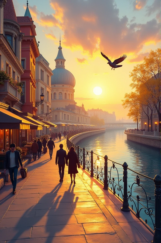 A captivating 3D render of an impressionist oil painting, portraying the serene beauty of a perfect morning in the city. The sun casts golden rays on the cityscape, illuminating the vibrant colors and intricate details of the buildings and streets. The sky is a stunning blend of warm oranges, yellows, and pinks, reflecting on the calm waters of the river. People stroll along the riverbank, enjoying the picturesque atmosphere, while pigeons take flight, adding a touch of life to the scene. The overall ambiance of the painting is warm, inviting, and tranquil., 3d render