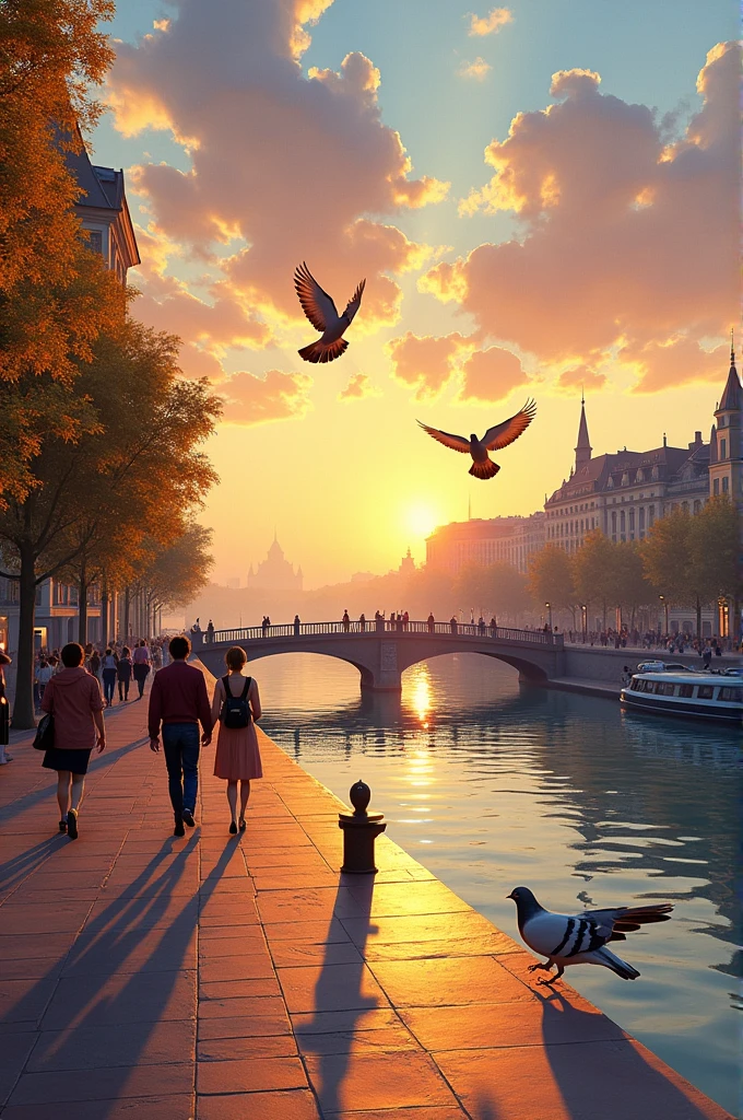 A captivating 3D render of an impressionist oil painting, portraying the serene beauty of a perfect morning in the city. The sun casts golden rays on the cityscape, illuminating the vibrant colors and intricate details of the buildings and streets. The sky is a stunning blend of warm oranges, yellows, and pinks, reflecting on the calm waters of the river. People stroll along the riverbank, enjoying the picturesque atmosphere, while pigeons take flight, adding a touch of life to the scene. The overall ambiance of the painting is warm, inviting, and tranquil., 3d render