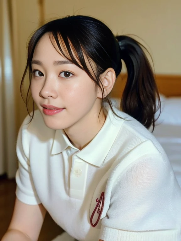 (Masterpiece, Best quality: 1.2), (Ultra realistic, Photo-realistic: 1.2), From above, From side, Sitting, (Seductive pose: 1.2), Bedroom eyes, Beautiful thighs, Natural light, 28 years old actress, Japanese women, Slender, Neat and clean, (ponytail hairstyle: 1.2), Short wavy hair, ((Wearing white tennis uniform, White short-sleeve polo shirt: 1.2)), (unbutton: 1.2), ((Wearing White tennis pleated skirt: 1.3)), Wearing white sock, (Beautiful face), Oval face, clear, Beautiful eyes, Kind eyes, Clear skin, Small face, Beautiful mouth, Small mouth, Natural makeup, Approachable, Seductive smile, Embarrassed, Blush, Luxury hotel Suite room, On bed,