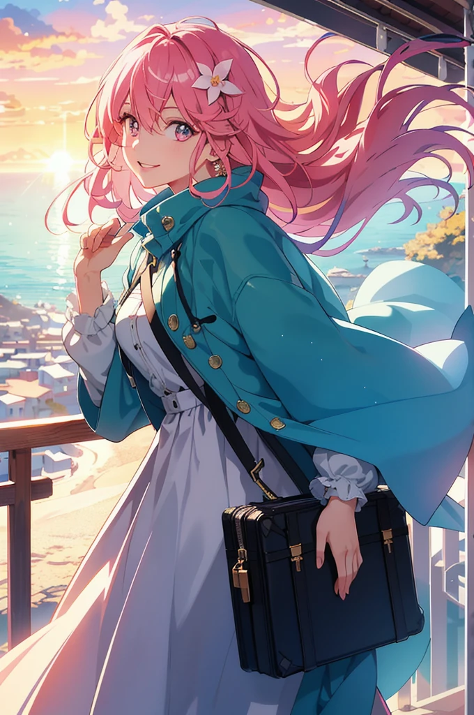 Stable Diffusion prompt: anime female girl traveler,illustration or 3D rendering,adventurous spirit,cute detailed eyes and face,vibrant colors,soft lighting,best quality,HD,content smile,journey,suitcase,pink hair,bow,exploring,beautiful detailed lips,stylish clothes,wandering in a scenic landscape,fantasy elements,,expressive pose,close up picture of the face, focus on face, sunset palette,peaceful atmosphere,natural beauty,mystical charm,sparkling eyes,travel diary,open road,positive energy,curious gaze,lively personality,excitement,inspiring textures,sunlit path,magical moments,blissful enjoyment,dreamlike aura. (Please do not include the "Stable Diffusion prompt:" part when using the prompt)