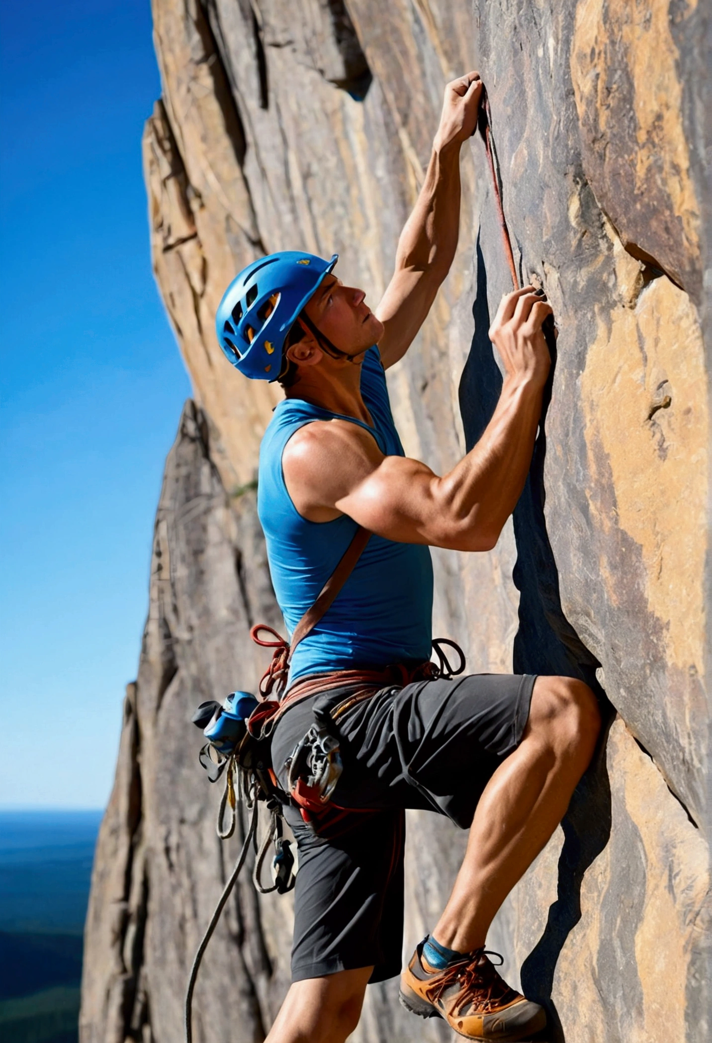 Create an image of a climber scaling a towering, jagged cliff face under a clear blue sky. The early morning sun casts a golden glow over the landscape, highlighting the texture and contours of the rock. The climber, an athletic male in his mid-20s, wears a harness, climbing shoes, and a tank top that shows his muscular build. His expression is focused and determined, with a slight smile indicating his passion for the climb. His hands grip the rock with precision, chalk dust visible on his fingers. His climbing gear, including quickdraws and a rope, is clipped to his harness and trails below him. Sweat glistens on his brow, highlighting the physical effort of the ascent. At the top of the image, a hint of the summit is visible, with a few scattered clouds in the sky, suggesting the heights he is aiming to reach