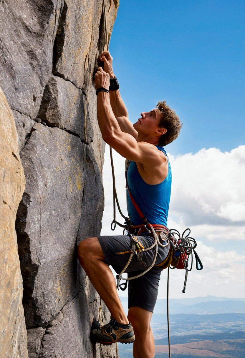 Create an image of a climber scaling a towering, jagged cliff face under a clear blue sky. The early morning sun casts a golden glow over the landscape, highlighting the texture and contours of the rock. The climber, an athletic male in his mid-20s, wears a harness, climbing shoes, and a tank top that shows his muscular build. His expression is focused and determined, with a slight smile indicating his passion for the climb. His hands grip the rock with precision, chalk dust visible on his fingers. His climbing gear, including quickdraws and a rope, is clipped to his harness and trails below him. Sweat glistens on his brow, highlighting the physical effort of the ascent. At the top of the image, a hint of the summit is visible, with a few scattered clouds in the sky, suggesting the heights he is aiming to reach