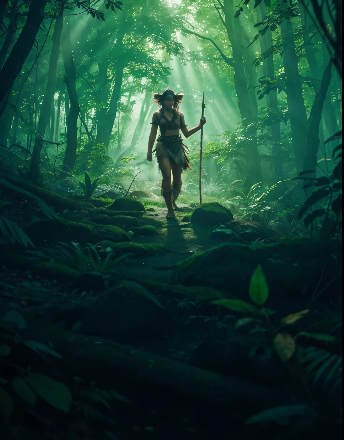 (Best quality, 8k, 32k, Masterpiece, UHD:1.2) "Create an image of a tribal woman standing in a dense, mystical forest. Her appearance is inspired by the rugged survival themes from 'The Lord of the Flies' and the ethereal, nature-connected elements of 'Princess Mononoke.' She has wild, unkempt hair adorned with natural elements like leaves and feathers. Her attire is made of rough, earthy materials and animal skins, showcasing her deep connection with nature. Her face is painted with symbolic tribal markings. Surrounding her is an ancient, enchanted forest filled with towering trees, moss-covered stones, and shafts of sunlight breaking through the dense canopy. The scene should evoke a sense of primal survival, mystical connection to the natural world, and the spirit of ancient tribal culture. The overall atmosphere should be both haunting and beautiful, blending the rawness of 'The Lord of the Flies' with the magical elements of 'Princess Mononoke.'"