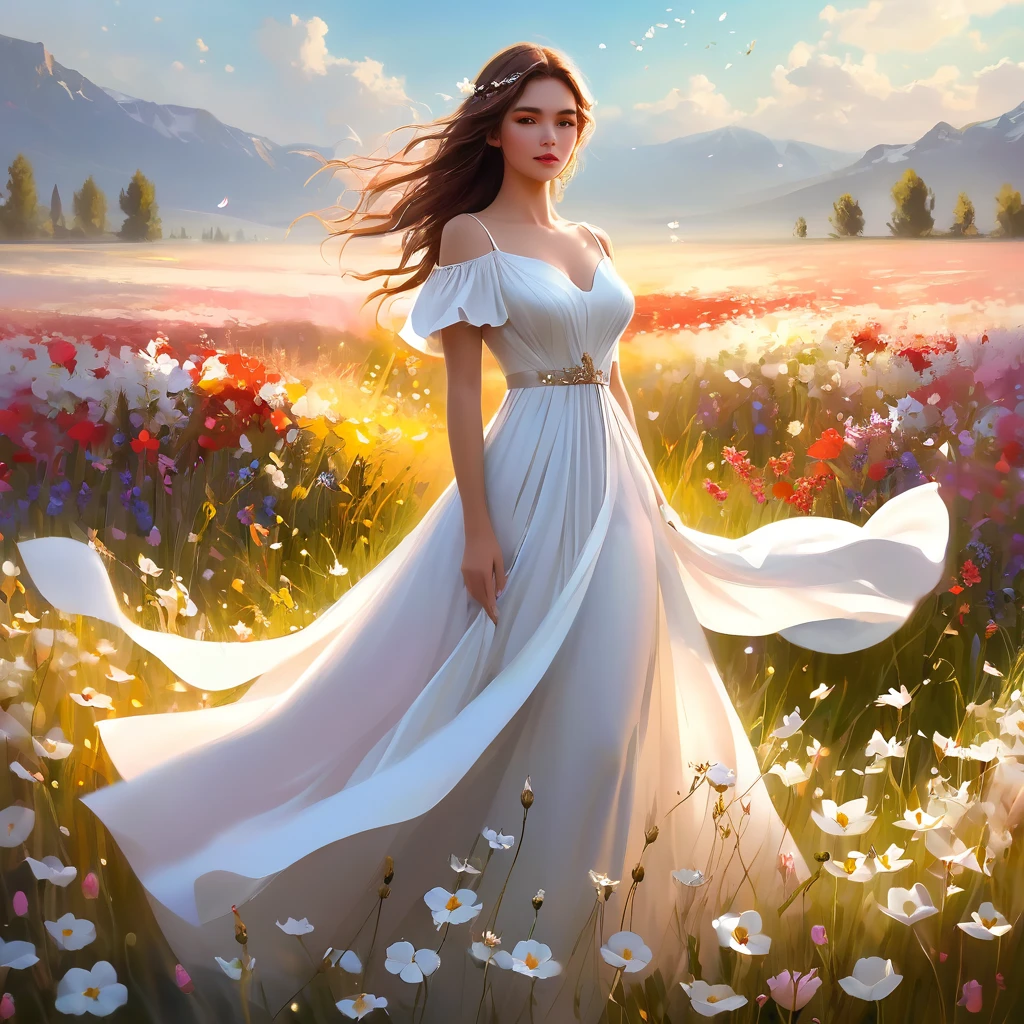 Best quality,4k, 8 K,a high resolution, masterpiece, unique, bright, perfect, well done, woman made of flowers Fluorescent colors, flower dress with wide bokeh skirt, stilettos, full length, dancing pose,very detailed,realistic,realistic,студийное Photo,Very detailed,Dynamic,cinematic,masterpiece,difficult,HDR , Abstract fractal, romantic atmosphere, Photo, award-winning