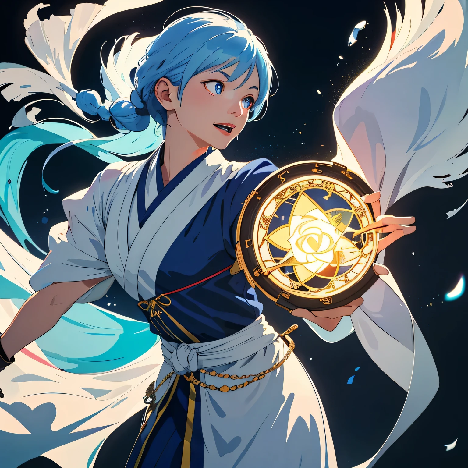 A divine Asian spirit, woman, age 25, ankle length hair, white billowing silken robes with platinum trim, glowing blue eyes, blue hair, and a unholy aura, she is laughing cruelly, she floats above a corrupt magic circle in a medieval European village, black serpentine asian drakes slither around the edges of the scene(almost out of sight, almost out of reach). (best quality, 4k, highres, masterpiece:1.2), ultra-detailed, (realistic, photorealistic, photo-realistic:1.37), HDR, UHD, studio lighting, ultra-fine painting, sharp focus, physically-based rendering, extreme detail description, professional, vivid colors, bokeh, portraits, landscape, horror, anime, sci-fi, photography, concept artists, vibrant colors, soft lighting.