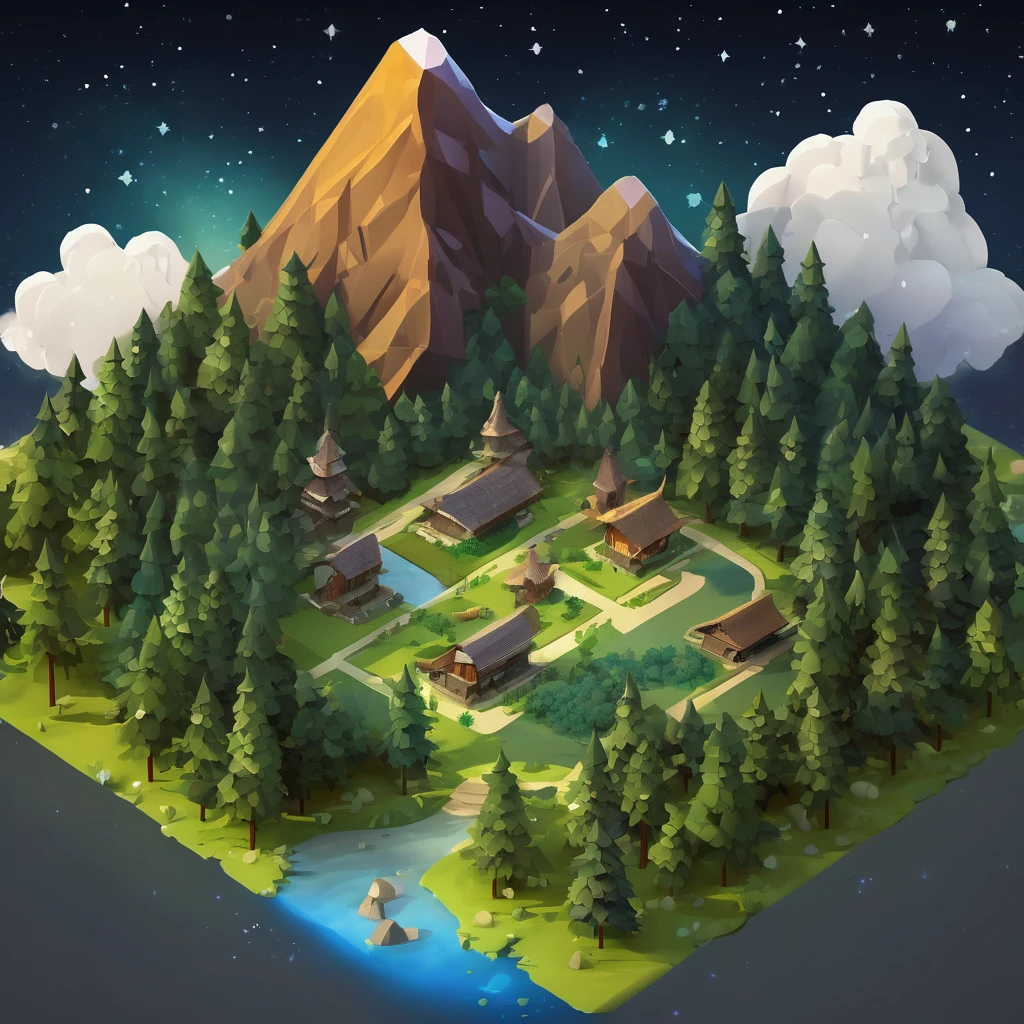 ((masterpiece, best quality)), absurdres, Isometric_Setting, woods, forest, small mountains, grassfield, space and stars background
