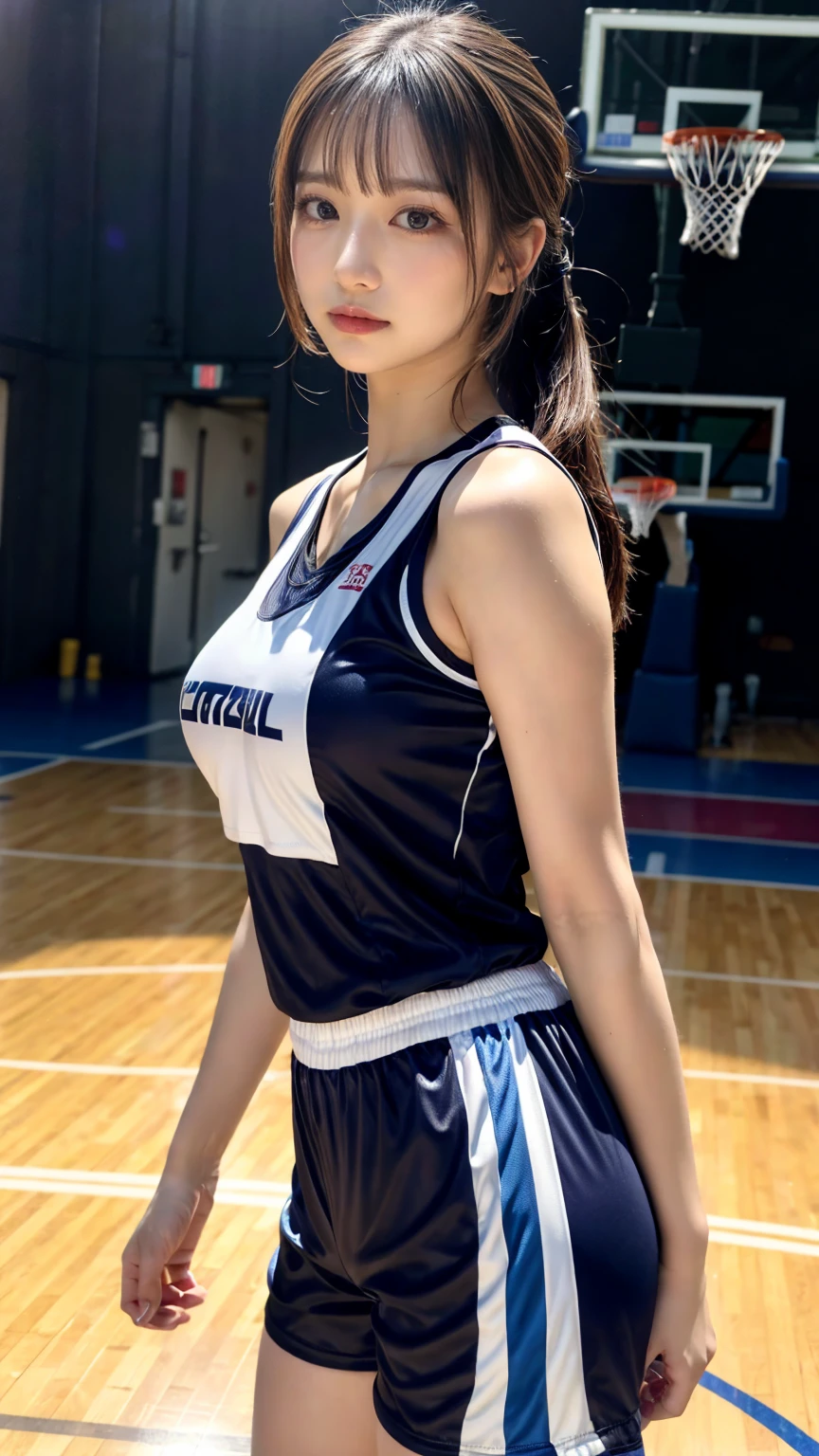 (8K, RAW Photos, Highest quality, masterpiece:1.2), masterpiece, super detailed, super high quality, (Realistic and photorealistic photography:1. 37), High-resolution RAW color photos, Very delicate and beautiful, highly detailed, 8k wallpaper, wonderful, detailed, Very eye, very detailed, very detailed skin, very thin fingers, very detailed nose, very detailed mouth, Perfect Anatomy, BREAK,18 year old girl, ponytail, huge breasts, colossal tits, very huge round breasts, (perfect body shape:1.1), Big Natural Color Lip, cute type, lolita, (Details High quality, realistic depiction of eyes:1.3), Beautiful makeup, glitter makeup, BREAK, (basketball sportswear, sporty short pants:1.2), hair band, play basketball, BREAK, (gymnasium:1.2), bold sexy pose, hposing Gravure Idol, full body photo
