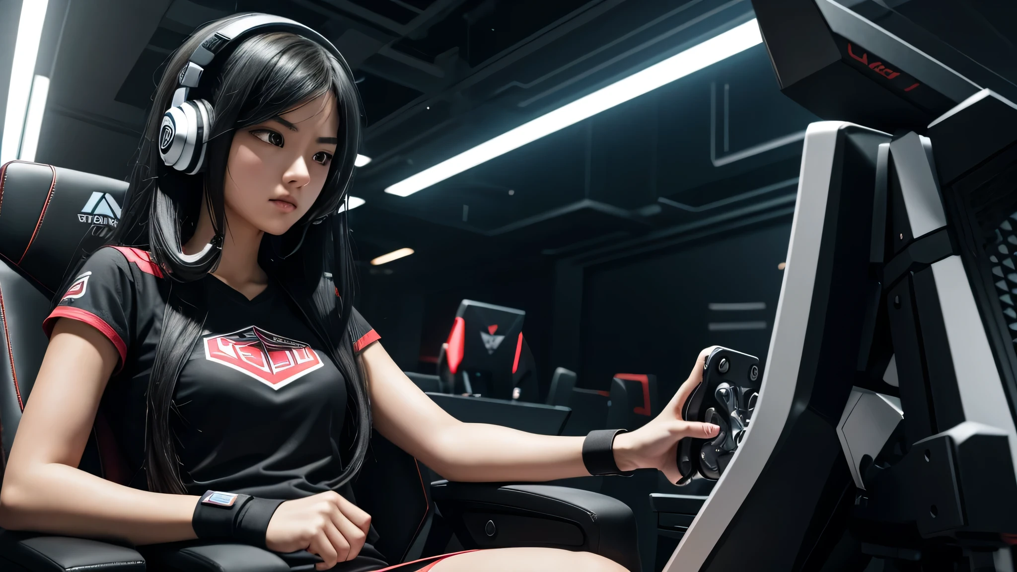 Gamer girl, black hair, long hair, sitting in gaming chair, using headset, tournament Atmosphere, serious face, playing mobile game, facing away, fist bump her teammate, best quality, 8k, ultra realistic