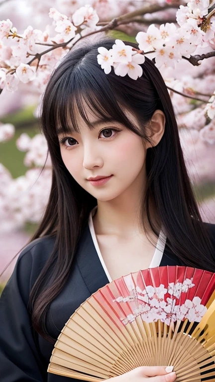 Realistic photos, Beautiful Eyes, Flowing black hair, Elegant kimono, Cherry blossom background, Traditional folding fan, Calm expression, Soft lighting, Traditional Japanese art style, Vibrant colors, Peaceful atmosphere, Delicate features, Graceful posture