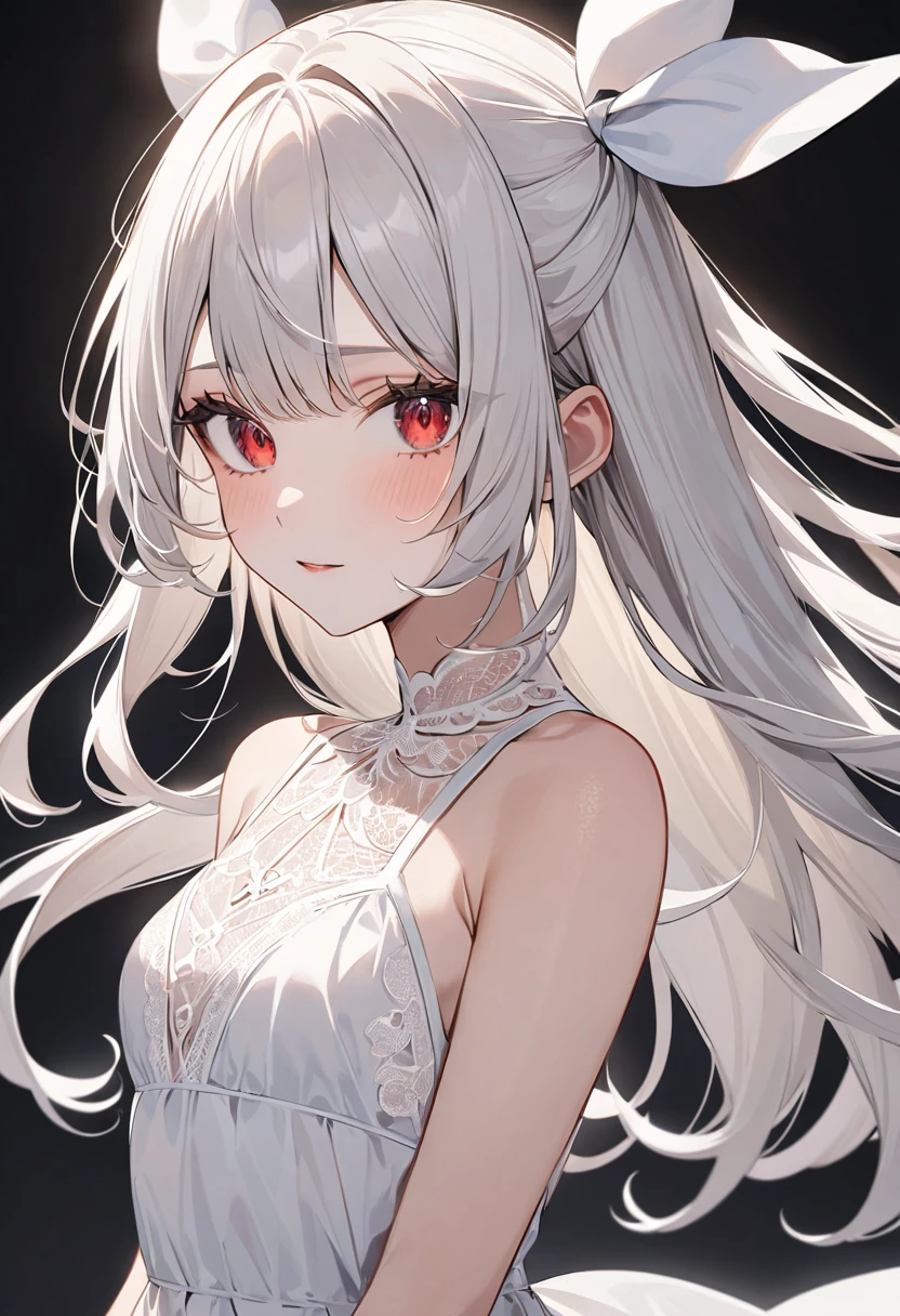 (masterpiece, top quality, very aesthetic, 4k、illustration), intricate detail, 1woman,、solo,contrapposto 、Strong glowing eyes、,(cowboy shot)、、(),beautiful face、(from side)、clear face、straight hair、(red white gradient hair:1.2)、hair ribbon,middle hair,sidelock ,レッド　eyes、white lace Summer Dresses、small breasts、Slim 、dim　background