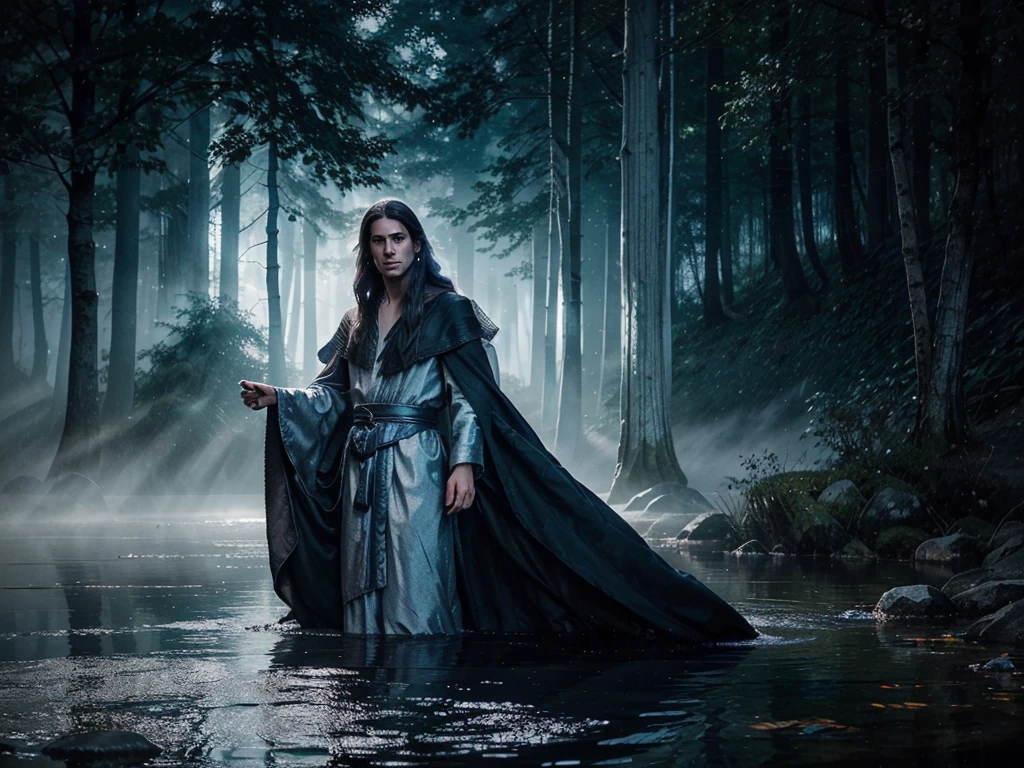 In the ethereal realm of color and shadows, a mesmerizing warlock emerges from the canvas, adorned in cascading of midnight hues and shimmering silver accents. His piercing eyes hold a mysterious gleam, reflecting depths unknown. This enchanting watercolor painting captures the essence of magic and allure with every brushstroke, creating a visual masterpiece that exudes power and elegance. Its delicate details and exquisite blend of tones evoke a sense of awe and wonder in the viewer, inviting them to delve into a world of enchantment and mystery.