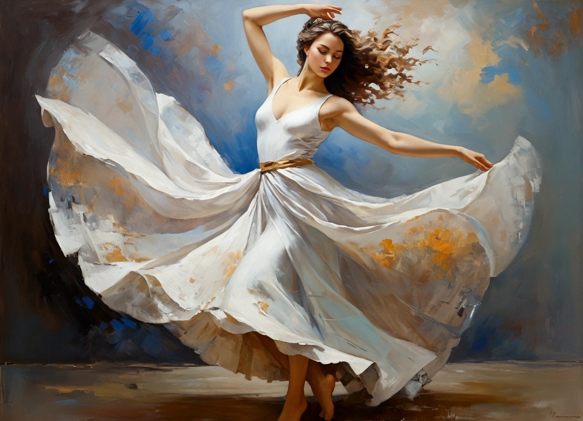 He created an image, a painting with strong impressionistic touches, a European woman, with a clean body, an untouched body, ecstatically dancing alone, she is the expression of grace, she is a woman, a woman, a woman, a woman, a full body of a woman, a picture a thousand words and feelings, an image that gets an award!