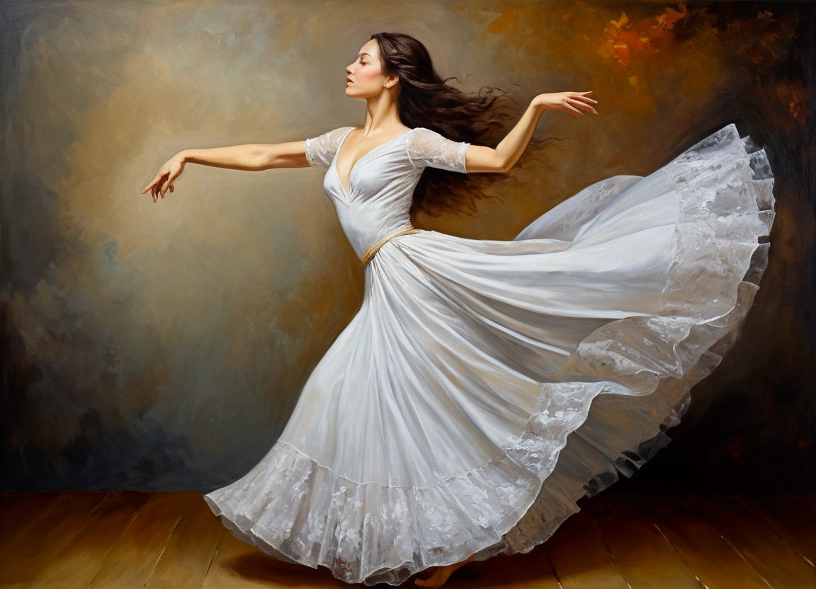 He created an image, a painting with strong impressionistic touches, a European woman, with a clean body, an untouched body, ecstatically dancing alone, she is the expression of grace, she is a woman, a woman, a woman, a woman, a full body of a woman, a picture a thousand words and feelings, an image that gets an award!