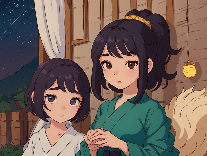 Create a scene with a 16 year old docile female,A lonely look,citypop, Short black hair, and through the window you can see fireflies and a beautiful landscape full of stars 夜に, Characters with detailed faces, hands and hair,Illustration Style、Ukiyo-e、((girl))、Tokyo、Soft Touch、((Modern))、winter、High resolution, samba, Latina,Rainy night,Tokyo、CUTE