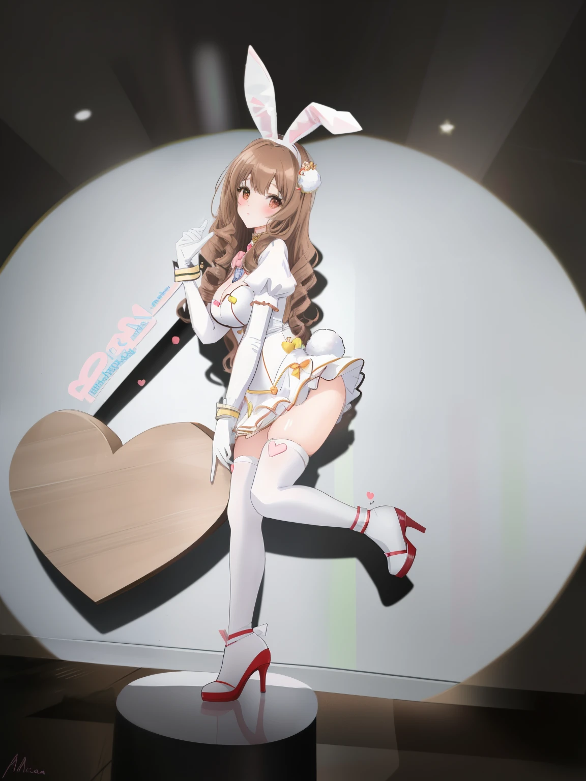 there is a woman in a bunny suit holding a heart, anime girl cosplay, (long wavy brown curly brown hair): 1.2, bunny girl, anime cosplay, lalisa manobal, anime barbie in white stockings, cosplay, misa amane *, ultrarealistic sweet bunny girl, ( ( misa amane # ) ), cosplay photo, misa amane, ornate cosplay, elegant glamourous cosplay, ayaka cosplay