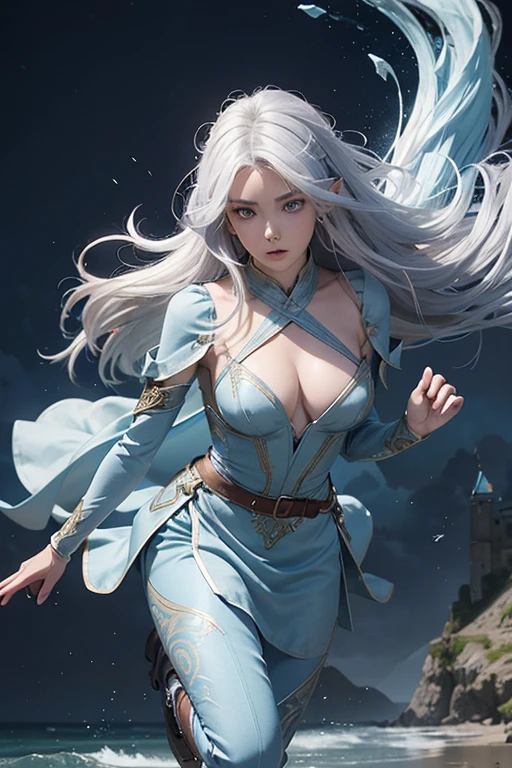 Professor Elowen Mistralight, a 25-year-old elf woman, medium height and delicate elf with silver hair, mysterious and penetrating light blue eyes, He wears a robe with patterns of wind and water, tight light blue fabric pants, long, with navy blue riding boots, the boots reach the knee, a magic wand and castle background, anime style. Individual image of her in full body. He is in action pose. Has one leg raised with the knee bent, His mouth is slightly open as if he had exercised a lot.. He has light skin. She has her hair down and blowing in the wind.. feminine and sexy body.