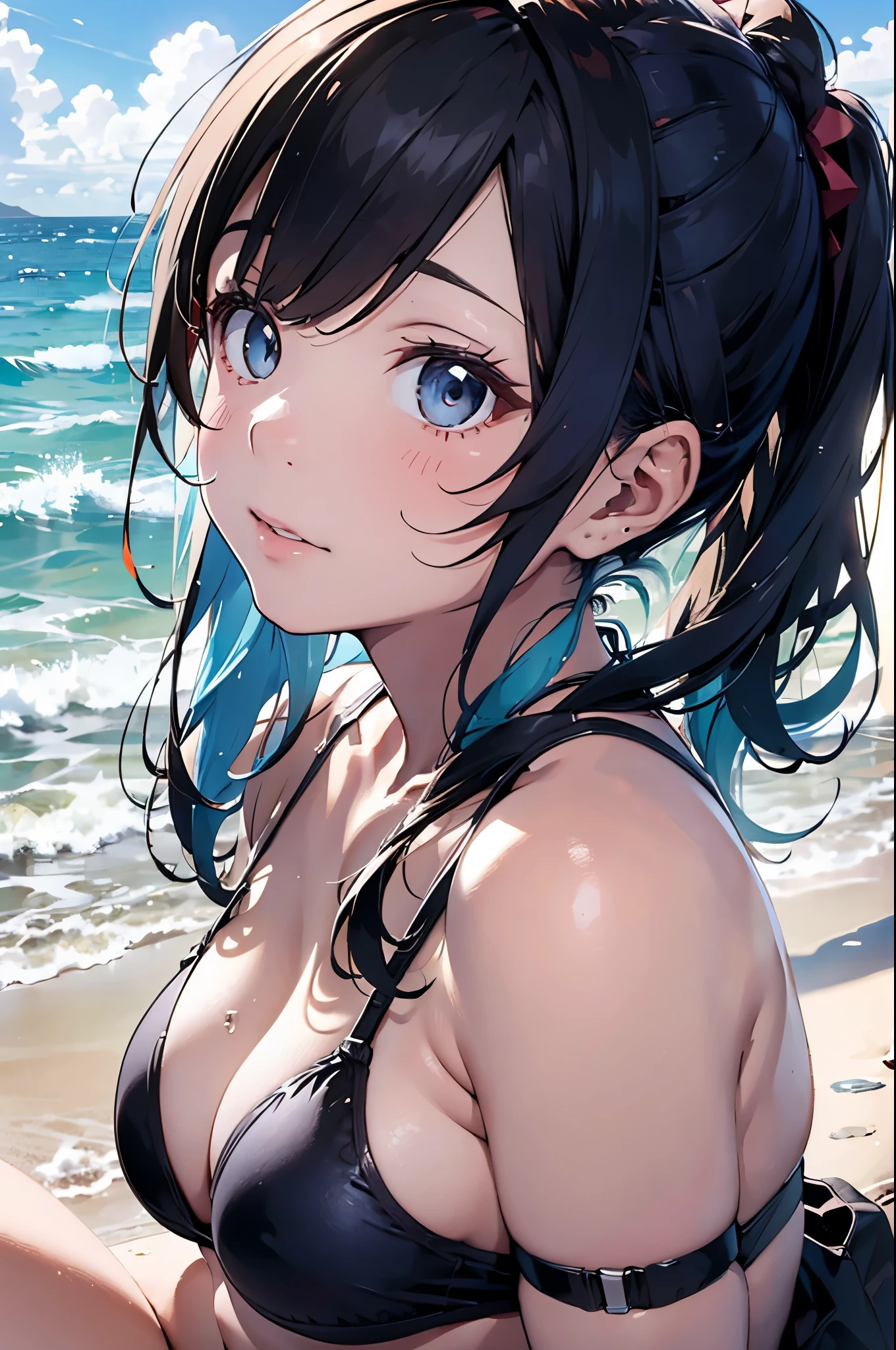 High resolution,topless、
One beautiful young woman,Light blue hair、ponytail、
(Soft Saturation:1.3), (Fair skin:1.2),
(ultra-Detailed Background, Detailed Background), Bokeh,
break&#39;Portrait of a smiling girl.,
When viewed from the front, The composition is symmetrical,
Looking straight at you with serious eyes,
break Swimwear, White Bikini, Center of chest, 
Outdoor, Sea surface, null, sunlight,Summer beach, Sandy Beach,
Strong light, Front lighting, 
(Teen:1.3), (Cowboy Shot:1.2),
Front brake angle,
View your audience,
Dynamic pose,
sitting on the beach

Seaweed、Seaweed、Seaweed、Seaweed、Seaweed、Seaweed、Seaweed、