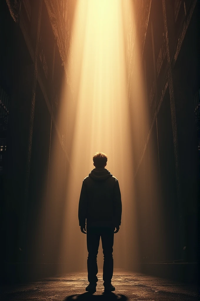 movie poster, person looking up, light from above, hard shadows