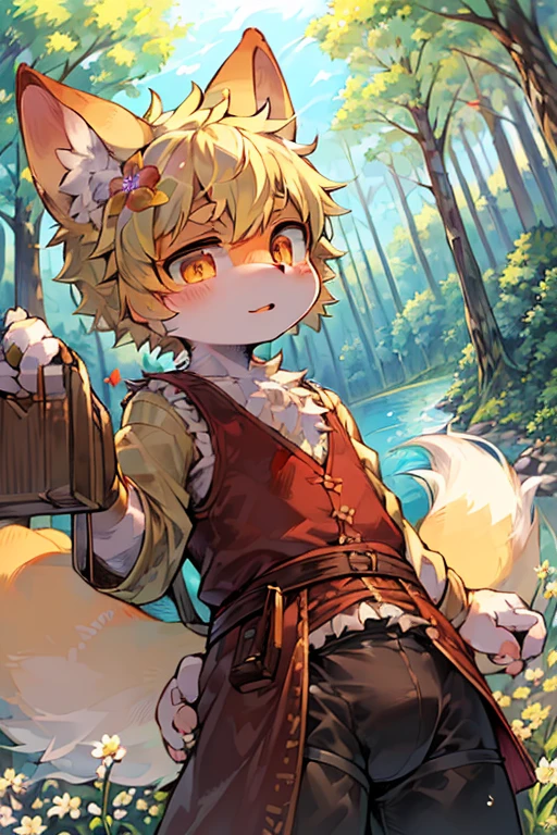 masterpiece,high quality,abstract res,number\(artwork\), From dagasi, Yes,Seizan,(Flower Charcoalo,Fluffy fur,character focus:1.1),Flower Charcoalo male cat,short hair,portrait , Bright eyes, panoramic, character focus.(Detailed background:0.7), 独奏, hairy, hairy male, Male focus, Masterpiece of time,high quality,abstract res,number\(artwork\), From dagasi, Yes,Seizan,(Flower Charcoalo,Fluffy fur,character focus:1.1),Human male fox,Bright eyes, panoramic, character focus.(Detailed background:0.6), 独奏, hairy, hairy male, Male focus, Flower Charcoal,(Hairy all over, Hairy tail)fur,A five-year-old boy,cute,Hip bulge,Toddler,Blood-red pupils,A tail with a white tip,The ends of the limbs are white,Cute meat pads,Claw,cute boys,The ear tips are orange,Big hairy ears,Hairy big tail,Reasonable composition,Pale yellow hair,adventurer clothing,Brown cloth bag,In the woods,Extremely fine water,diaper,Slightly reddened,Dress coolly,Blonde short hair,Thin children,Blonde hair,cute child,cute little adventurer,Be open-minded,Ultra-clear。