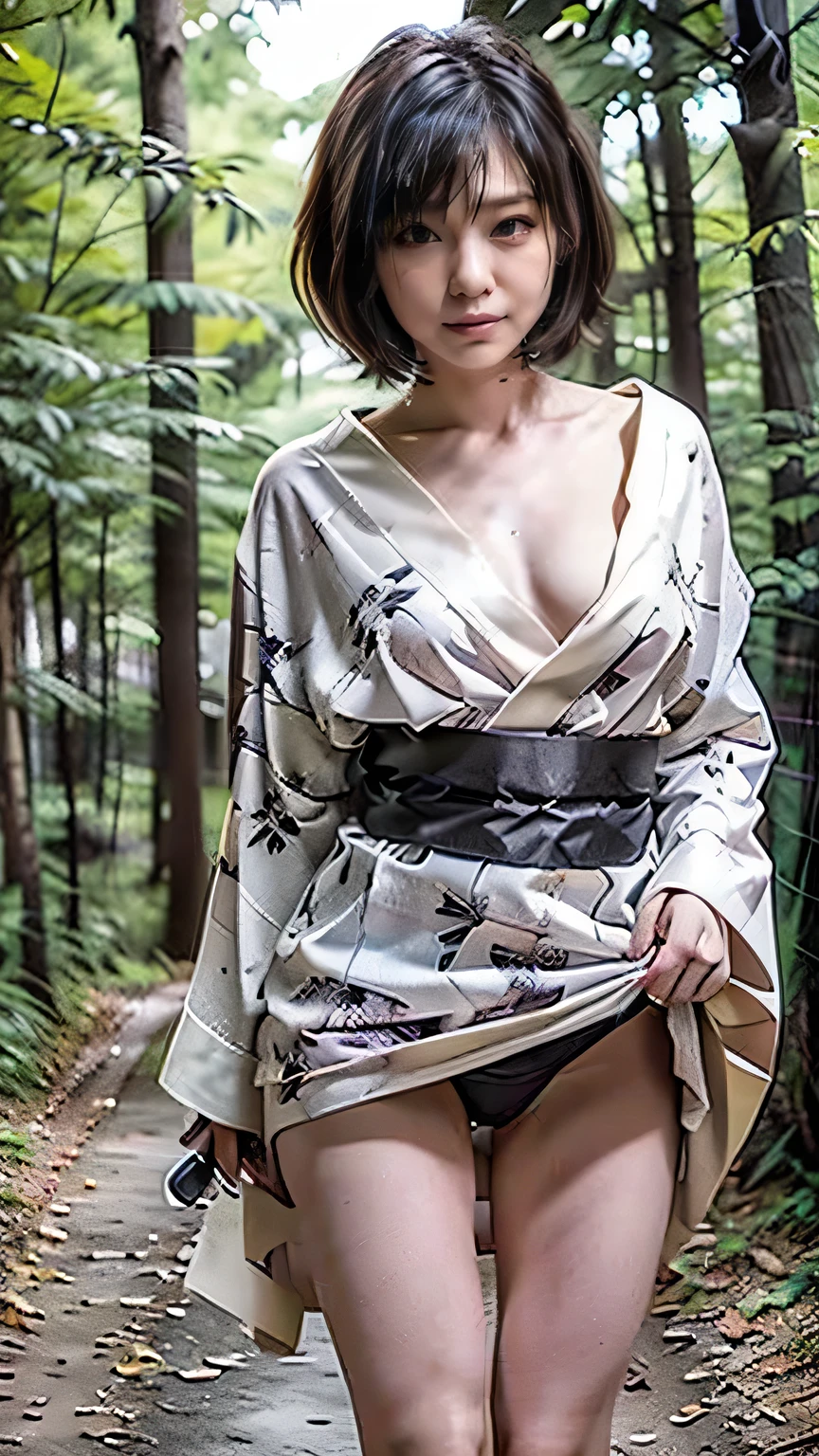 (was:1.3、((A female ninja standing in a fighting position with a weapon in the forest:1.5)、With background)、(Female ninja with a sword:1.5))、(Realistic、Like a photograph、Live Action、8k, Realistic, RAW Photos, Best image quality: 1.4), Single-lens reflex camera、RAW Photos, Highest quality, Realistic, Highly detailed CG Unity 8k wallpaper, Written boundary depth, Cinematic Light, Lens flare, Ray Tracing, Realistic background、(kunoichi:1.4、White floral kimono::1.2、skirtlift)、Grey Hair、short hair、Standing in the village、((Ultra-Dense Skin))、 1 girl,Cute Kunoichi、(whole body:1.5)、I like that style、Pay attention to the details、Perfect outfit、(White Squid Portrait、Accurate Arm、Accurate feet、Beautiful legs、Precise thighs、Anatomically correct body、View from the front