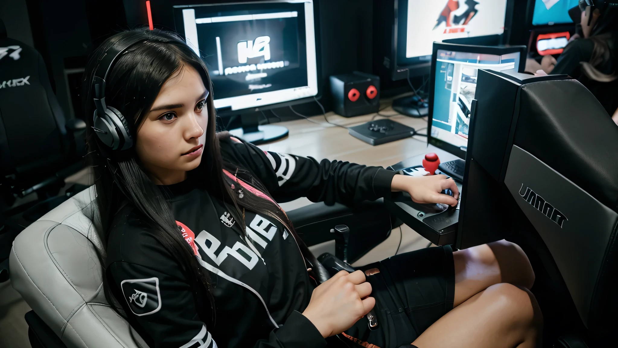 Gamer girl, black hair, long hair, sitting in gaming chair, using headset, tournament Atmosphere, serious face, playing mobile game, facing away, fist bump her teammate, best quality, 8k, ultra realistic