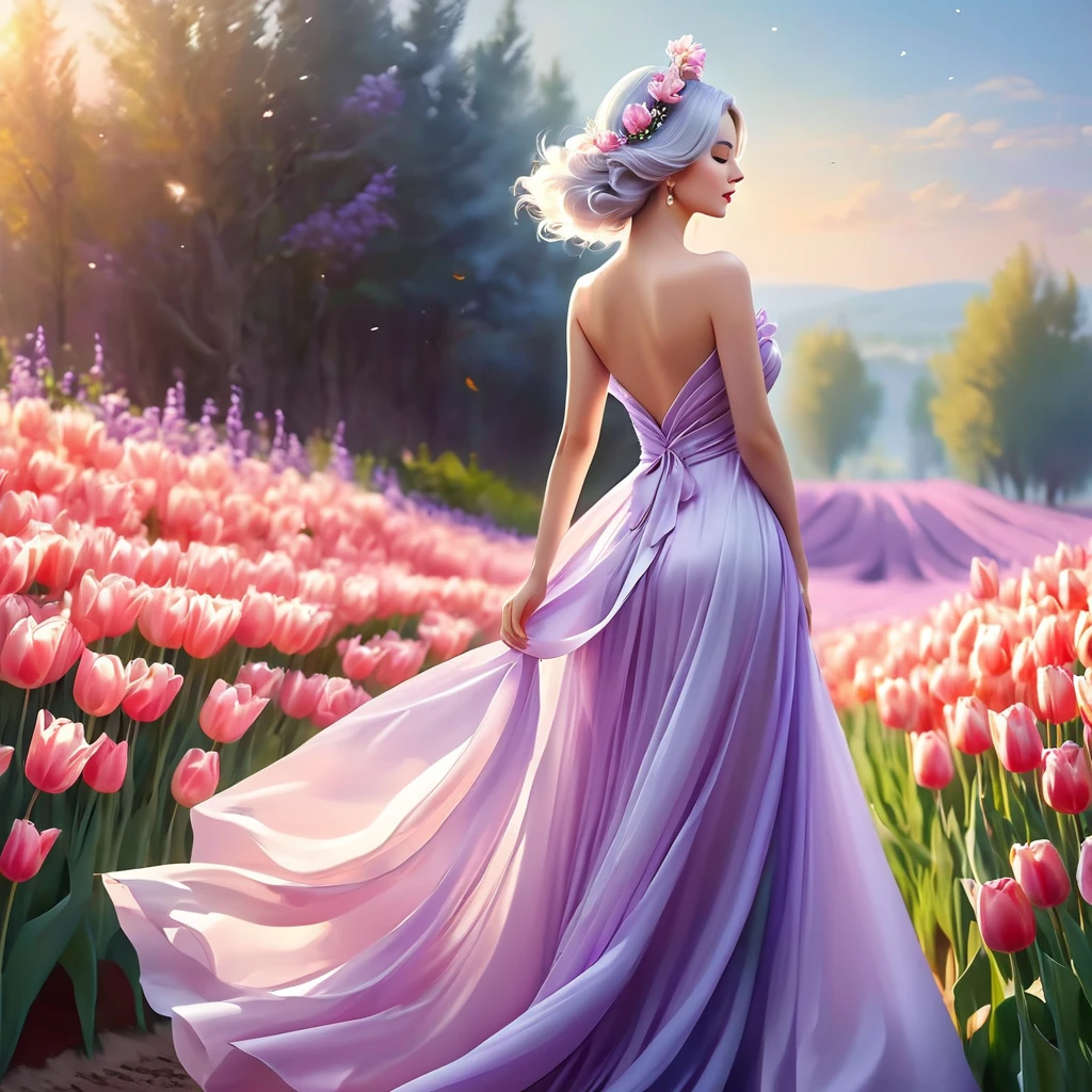 Одна женская фигура сзади стоит в синем dress, full length, slender graceful figure, Image of an Arafah woman with a living huge single flower on her head, exquisite digital illustration, beautiful digital illustration, elegant digital painting, Beautiful digital artwork, beautiful artwork illustrations, digital art of elegance, Stand elegantly on the tulip , В великолепном dress, inspired by Igor Kerylyuk, Lee Song, beautiful digital art,Donate, 1girll, dress, solo, flower, short hair, Синее dress, lavender white hair, bare shoulders, profile, Pastel theme, Длинные dress, standing, in the whole body, dress без бретелек, Without straps, from the side, closed eyes, bang, without sleeves, gradient, dress without sleeves, gradientный фон Масштаб CFG 7 Шаги