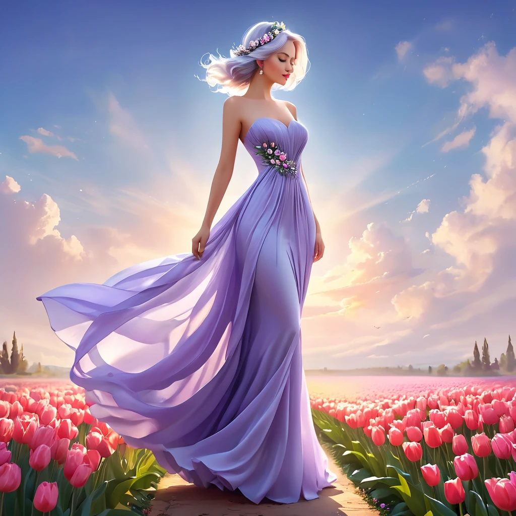 Одна женская фигура сзади стоит в синем dress, full length, slender graceful figure, Image of an Arafah woman with a living huge single flower on her head, exquisite digital illustration, beautiful digital illustration, elegant digital painting, Beautiful digital artwork, beautiful artwork illustrations, digital art of elegance, Stand elegantly on the tulip , В великолепном dress, inspired by Igor Kerylyuk, Lee Song, beautiful digital art，Donate, 1girll, dress, solo, flower, short hair, Синее dress, lavender white hair, bare shoulders, profile, Pastel theme, Длинные dress, standing, in the whole body, dress без бретелек, Without straps, from the side, closed eyes, bang, without sleeves, gradient, dress without sleeves, gradientный фон Масштаб CFG 7 Шаги