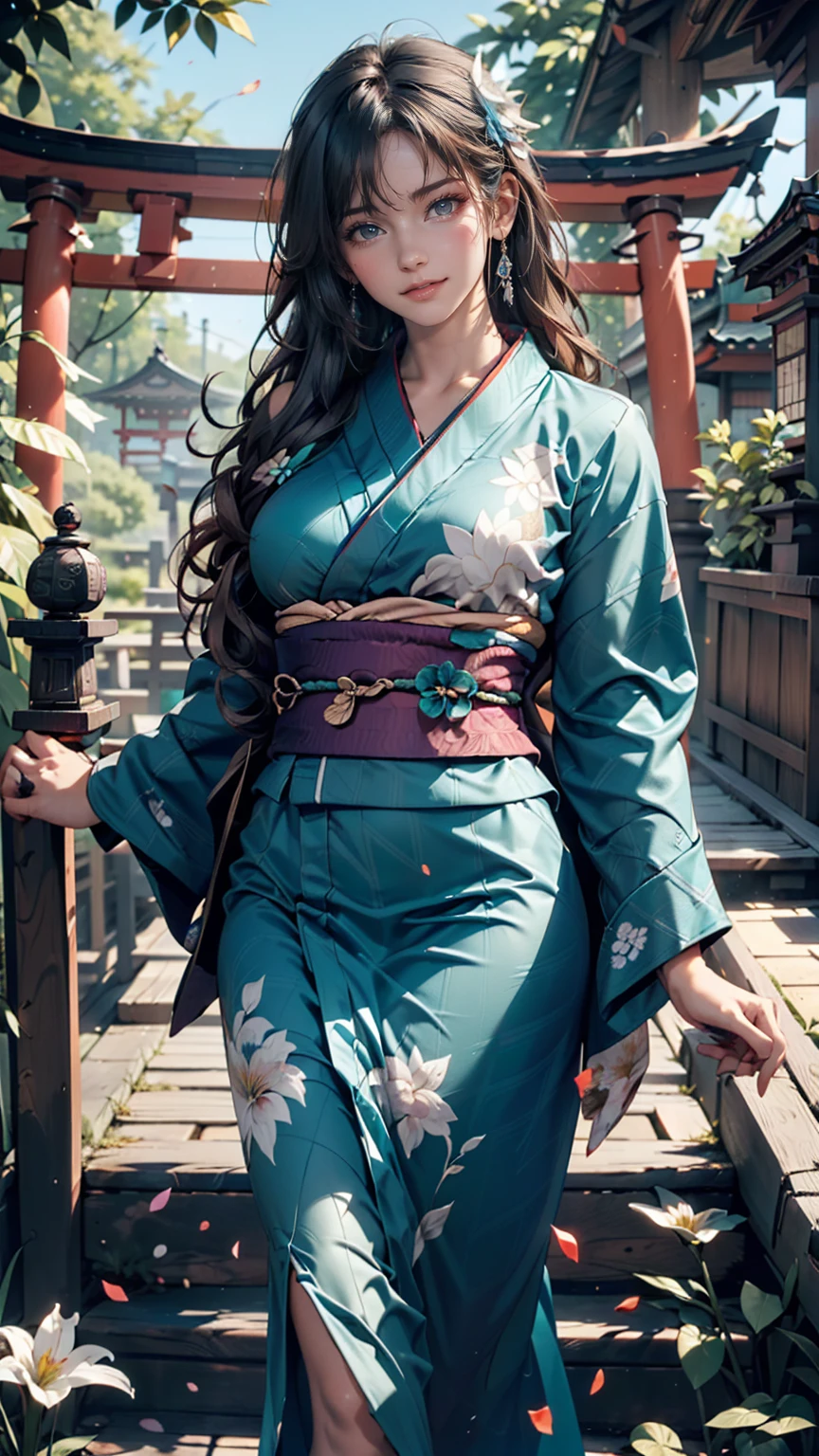 One girl, alone, From above, (White lily flower), beautiful, Complex, Highest quality, Detailed Background, Sayaka Miki, ((girl wearing a patterned teal kimono:1.2)), (Walking through a Zen garden), カジュアルなPause, Detailed Texture, Pause, fローラl print, Hair Flower, hair ornaments, kimono, kimono, heart, Outdoor, Pagoda, petal, (teal kimono), sash, shrine, null, Stone stairs, torii, Wide sleeves, yukata 、Sexy proportions、Narrow waist、Erotic female body、Black Hair、Inner color of silver hair((colored inner hair))、Silver accessories on the wrist、Realistic shaped breasts(Hanging down due to gravity)Nipple swelling emphasis、smile