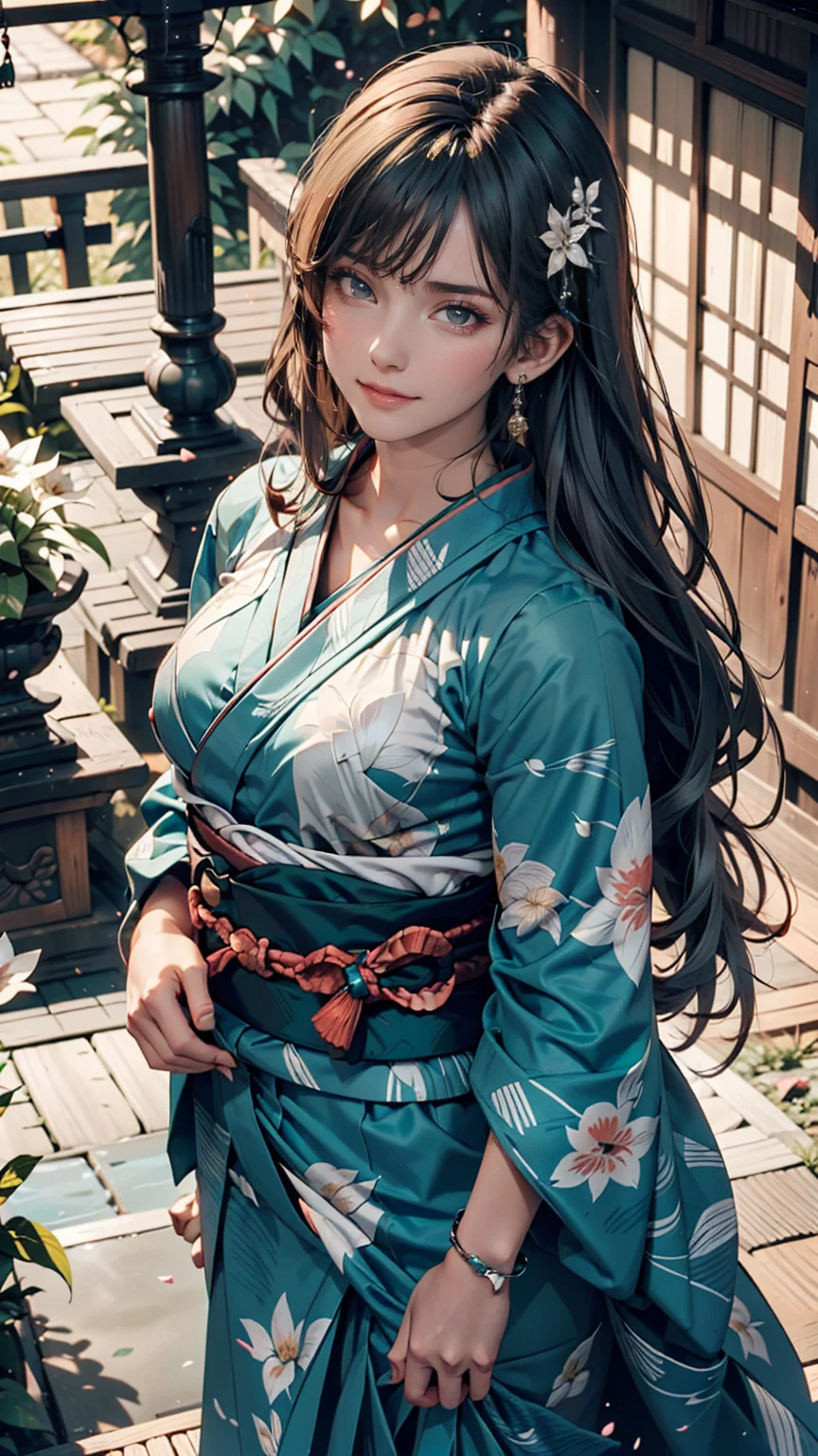 One girl, alone, From above, (White lily flower), beautiful, Complex, Highest quality, Detailed Background, Sayaka Miki, ((girl wearing a patterned teal kimono:1.2)), (Walking through a Zen garden),  カジュアルなPause, Detailed Texture, Pause, fローラl print, Hair Flower, hair ornaments, kimono, kimono, heart, Outdoor, Pagoda, petal, (teal kimono), sash, shrine, null, Stone stairs, torii, Wide sleeves, yukata 、Sexy proportions、Narrow waist、Erotic female body、Black Hair、Inner color of silver hair((colored inner hair))、Silver accessories on the wrist、Realistic shaped breasts（Hanging down due to gravity)Nipple swelling emphasis、smile