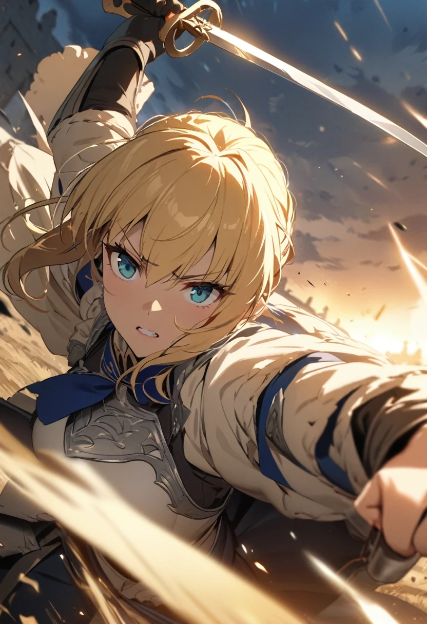 (masterpiece:1.2), (highest quality:1.2), Perfect Eyes, Perfect Face, Perfect lighting, One girl,1girl, holding sword artoria pendragon \(fate\), fate \(series\) perspective medieval beautiful, ,fighting,battle field,Handgun,blonde hair