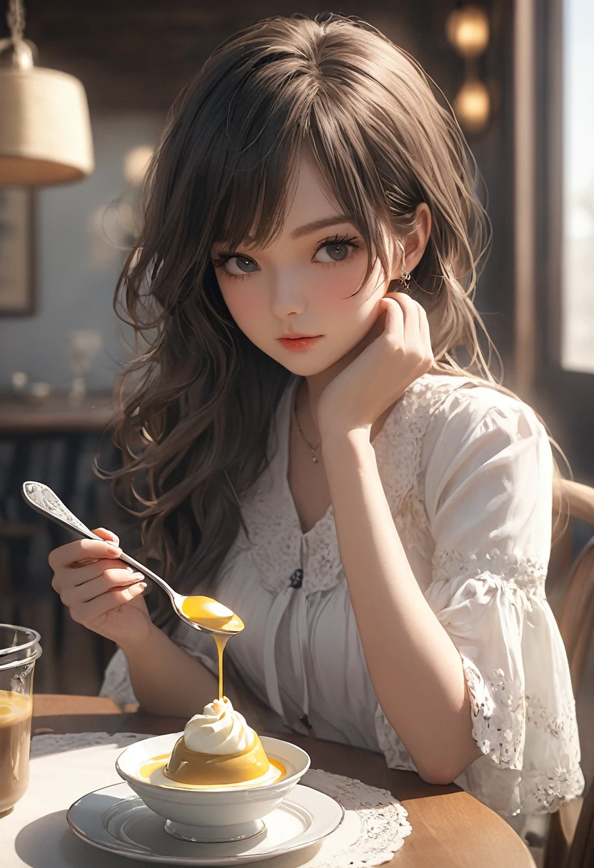 1 girl, alone, sitting, table, spoon, pudding,, masterpiece, best quality,