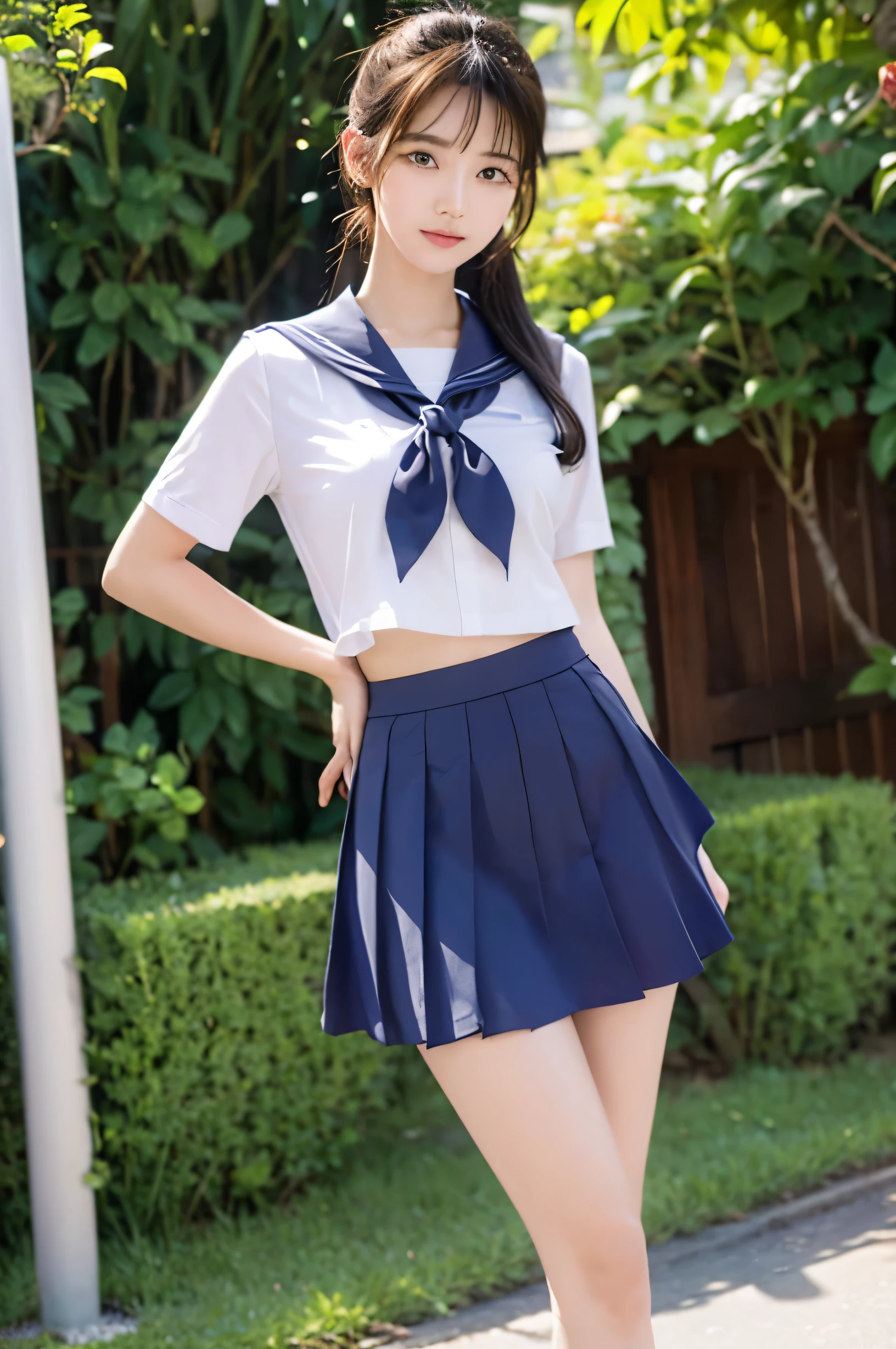 (Ultra HD), (Short-sleeved sailor uniform, Navy blue mini skirt), Big Breasts, slender, Narrow waist, (I can see my belly button:0.8), whole body, Standing posture, (Clean and shiny skin, Whitening, No makeup), (Super slim face, Super beautiful face), (ponytail, Layered Cut, Fluffy hair), (double eyelid, Slanted Eyes), Small Nose, Thin lips, Thin legs, In front of the school gate, evening