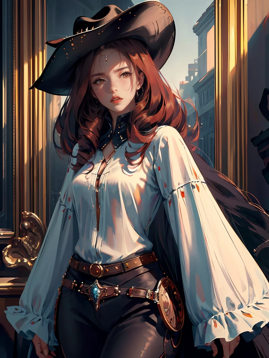Long dark red hair, dark brown eyes, gloss lips, front look, close up, portrait, beautiful eyes, wearing a male white suit, big white, curly hair cut, clear skin, young 30 years girl, adult girl, solo, very long hair, ankle length hair, handsome older WOMAN,Hyperresolution,accuracy,Detailed rendering,(Image of fine hair)(topquality)(Masterpieces of masters)(High degree of completeness)(A sense of atmosphere)tmasterpiece,Super detailed and super detailed(((half-body portrait)))(((Older woman))) (((Western girl))), (((Cowgirl))) (((Cowboy hat))) (((Gunslinger)))(((Better hands)))(((Black outfit)))(((Dark brown eyes)))(((Ankle length hair)))(((Black horse)))(((Wild West))