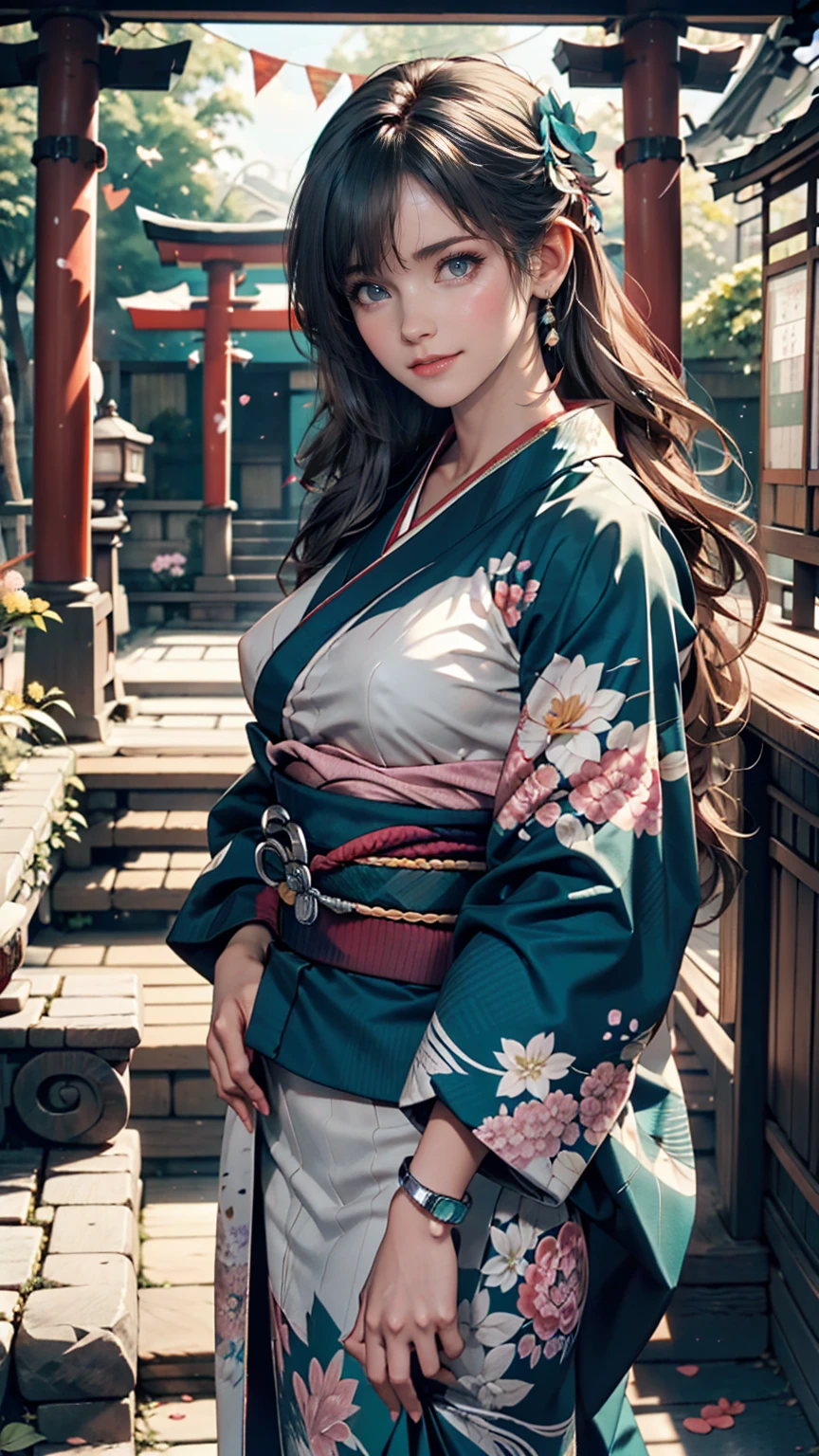 One girl, alone, From above, (White lily flower), beautiful, Complex, Highest quality, Detailed Background, Sayaka Miki, ((girl wearing a patterned teal kimono:1.2)), (Walking through a Zen garden), カジュアルなPause, Detailed Texture, Pause, fローラl print, Hair Flower, hair ornaments, kimono, kimono, heart, Outdoor, Pagoda, petal, (teal kimono), sash, shrine, null, Stone stairs, torii, Wide sleeves, yukata 、Sexy proportions、Narrow waist、Erotic female body、Black Hair、Inner color of silver hair((colored inner hair))、Silver accessories on the wrist、Realistic shaped breasts(Hanging down due to gravity)Nipple swelling emphasis、smile