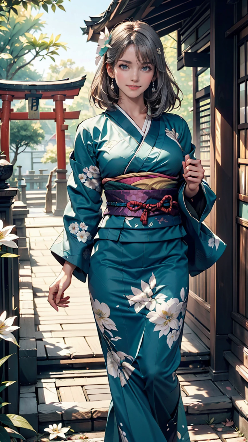 One girl, alone, From above, (White lily flower), beautiful, Complex, Highest quality, Detailed Background, Sayaka Miki, ((girl wearing a patterned teal kimono:1.2)), (Walking through a Zen garden), カジュアルなPause, Detailed Texture, Pause, fローラl print, Hair Flower, hair ornaments, kimono, kimono, heart, Outdoor, Pagoda, petal, (teal kimono), sash, shrine, null, Stone stairs, torii, Wide sleeves, yukata 、Sexy proportions、Narrow waist、Erotic female body、Black Hair、Inner color of silver hair((colored inner hair))、Silver accessories on the wrist、Realistic shaped breasts(Hanging down due to gravity)Nipple swelling emphasis、smile