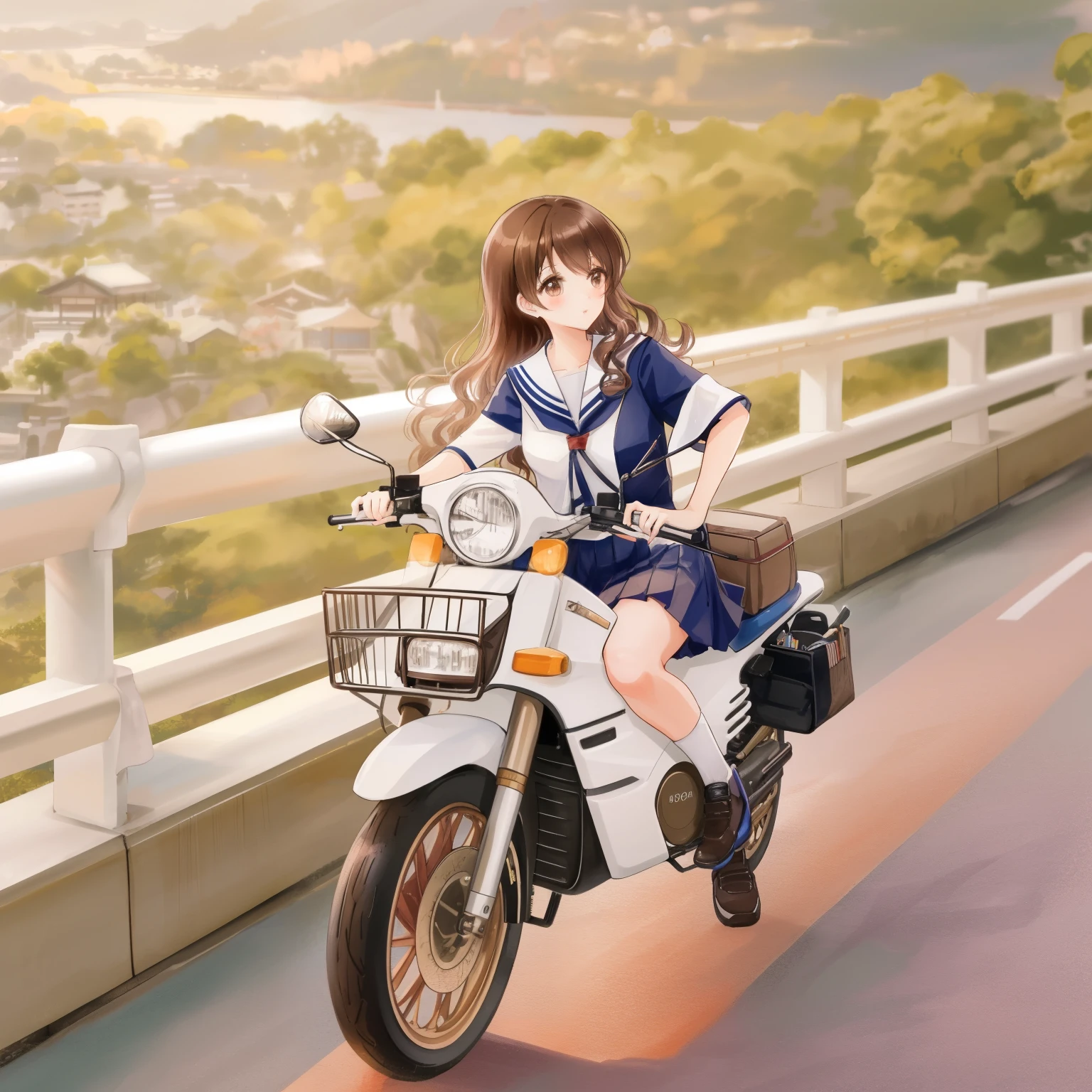 there is a woman riding a motorcycle on a bridge with a basket on the back, (long wavy brown curly brown hair): 1, seifuku, 🚿🗝📝, moped, japanese school uniform, profile picture, japanese girl school uniform, ulzzang, bae suzy, riding on the moped scooter, riding a motorcycle, sitting on a motorcycle, japan travel aesthetic