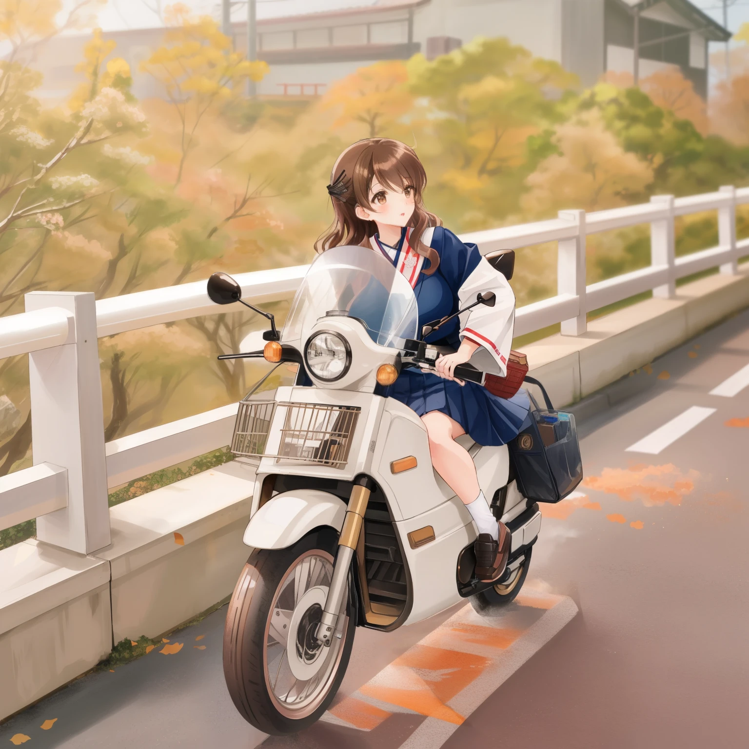 there is a woman riding a motorcycle on a bridge with a basket on the back, (long wavy brown curly brown hair): 1, seifuku, 🚿🗝📝, moped, japanese school uniform, profile picture, japanese girl school uniform, ulzzang, bae suzy, riding on the moped scooter, riding a motorcycle, sitting on a motorcycle, japan travel aesthetic