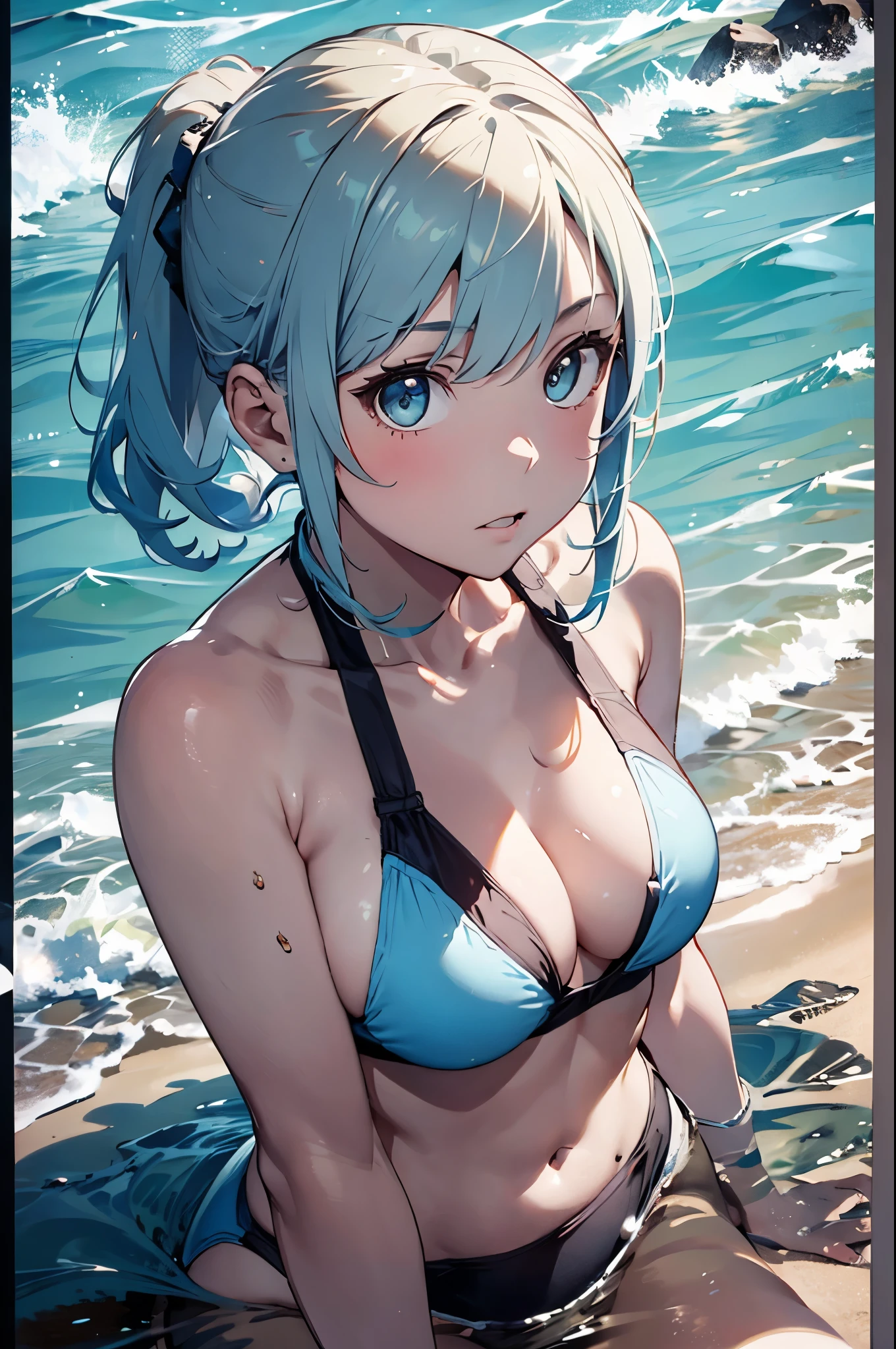 High resolution,topless、
One beautiful young woman,Light blue hair、ponytail、
(Soft Saturation:1.3), (Fair skin:1.2),
(ultra-Detailed Background, Detailed Background), Bokeh,
break&#39;Portrait of a smiling girl.,
When viewed from the front, The composition is symmetrical,
Looking straight at you with serious eyes,
break Swimwear, White Bikini, Center of chest, 
Outdoor, Sea surface, null, sunlight,Summer beach, Sandy Beach,
Strong light, Front lighting, 
(Teen:1.3), (Cowboy Shot:1.2),
Front brake angle,
View your audience,
Dynamic pose,
sitting on the beach

Seaweed、Seaweed、Seaweed、Seaweed、Seaweed、Seaweed、Seaweed、