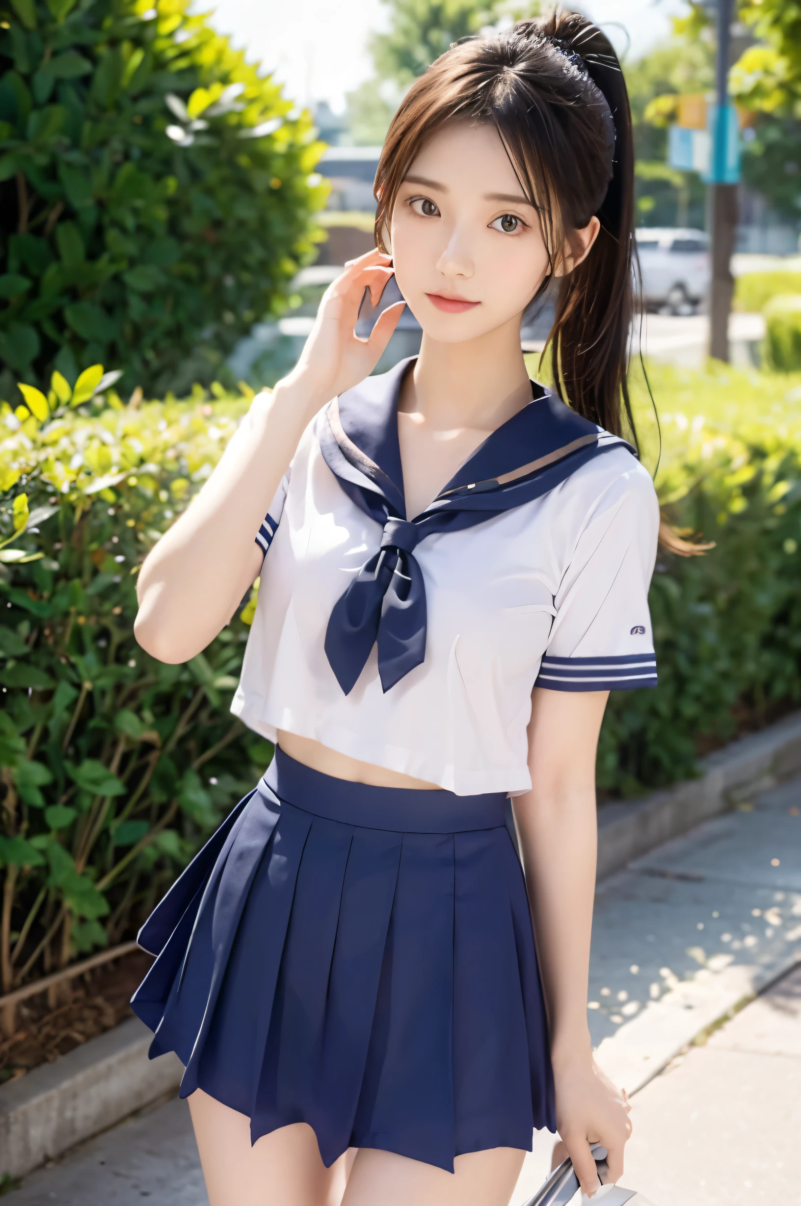 (Ultra HD), (Short-sleeved sailor uniform, Navy blue mini skirt), Big Breasts, slender, Narrow waist, (I can see my belly button:0.8), whole body, Standing posture, (Clean and shiny skin, Whitening, No makeup), (Super slim face, Super beautiful face), (ponytail, Layered Cut, Fluffy hair), (double eyelid, Slanted Eyes), Small Nose, Thin lips, Thin legs, In front of the school gate, evening