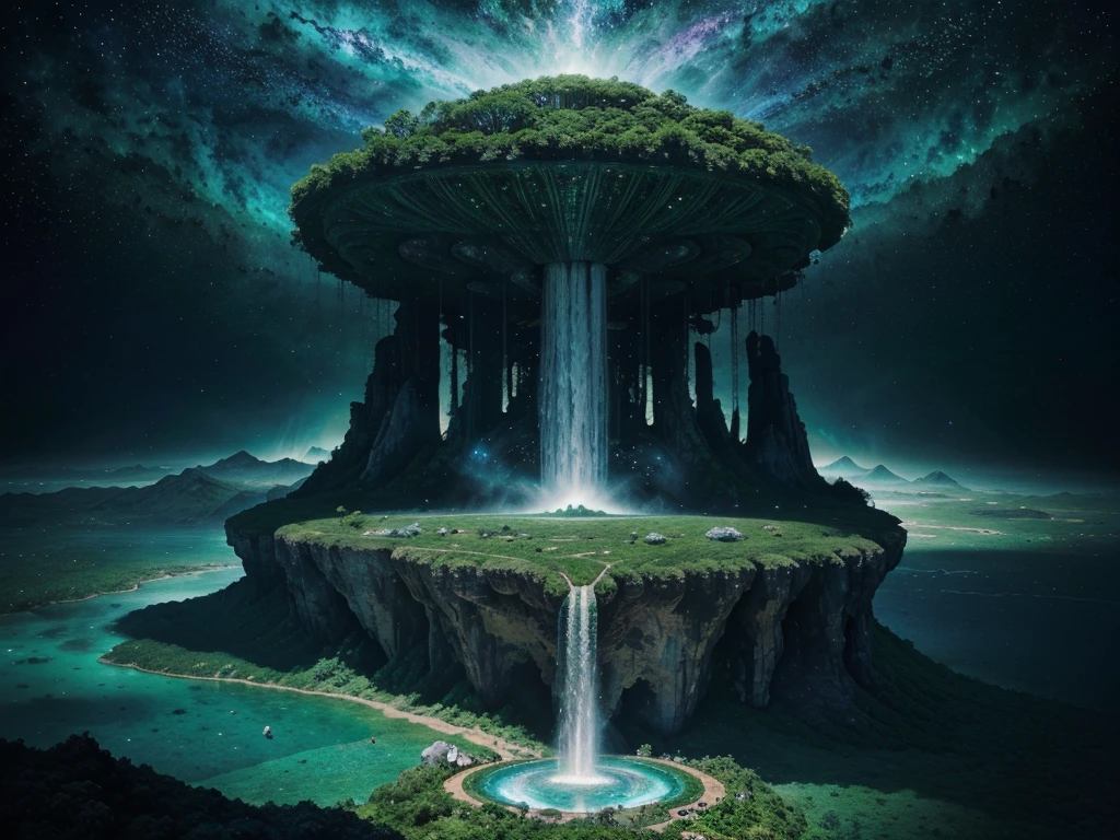 In the ethereal expanse of a limitless cosmic void, an otherworldly timeless space oasis beckons with its unimaginable beauty. Captured in a stunning aerial photograph, the main subject is a cluster of floating islands adorned with lush greenery and sparkling waterfalls cascading into crystal clear pools. This mesmerizing image exudes a sense of tranquility and mystery, with vibrant hues of emerald and sapphire dancing against a backdrop of swirling stardust. The attention to detail and rich colors in this image elevate it to a work of art, leaving viewers breathless with wonder.