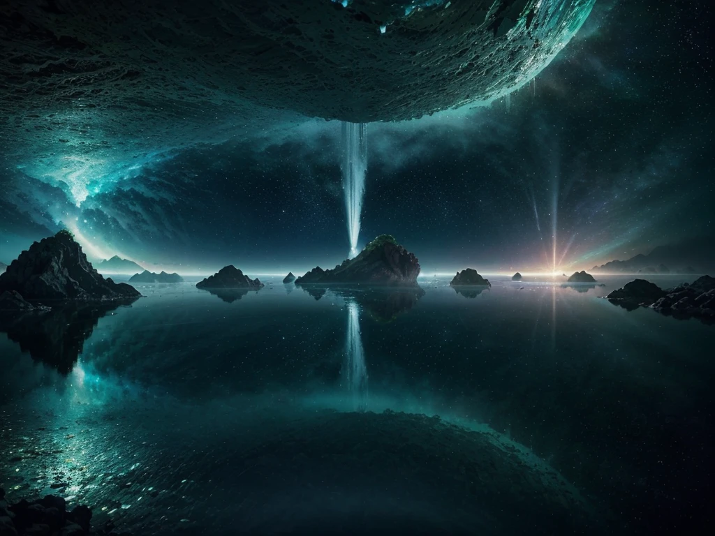 In the ethereal expanse of a limitless cosmic void, an otherworldly timeless space oasis beckons with its unimaginable beauty. Captured in a stunning aerial photograph, the main subject is a cluster of floating islands adorned with lush greenery and sparkling waterfalls cascading into crystal clear pools. This mesmerizing image exudes a sense of tranquility and mystery, with vibrant hues of emerald and sapphire dancing against a backdrop of swirling stardust. The attention to detail and rich colors in this image elevate it to a work of art, leaving viewers breathless with wonder.