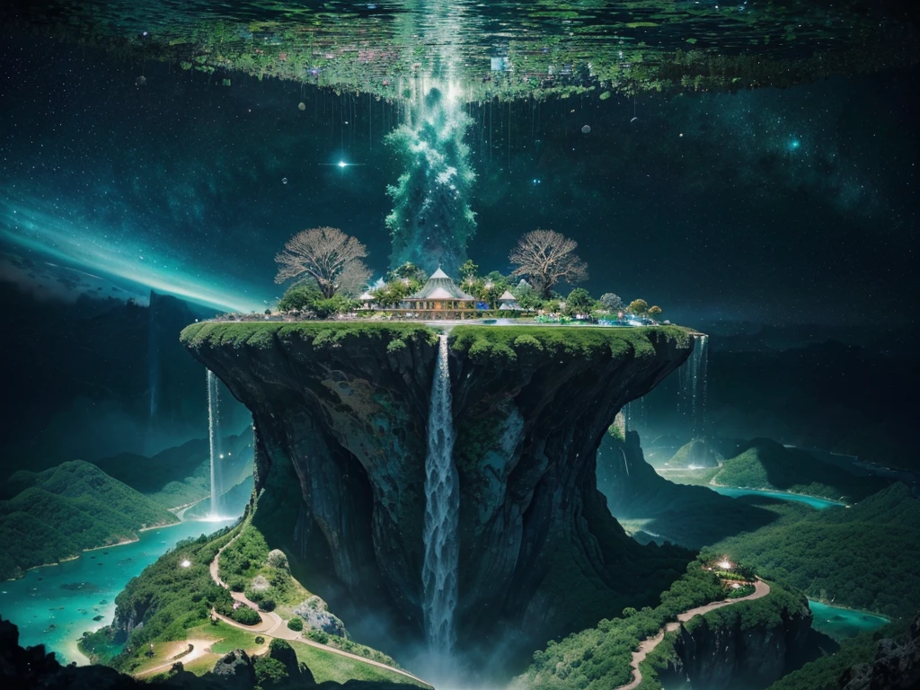 In the ethereal expanse of a limitless cosmic void, an otherworldly timeless space oasis beckons with its unimaginable beauty. Captured in a stunning aerial photograph, the main subject is a cluster of floating islands adorned with lush greenery and sparkling waterfalls cascading into crystal clear pools. This mesmerizing image exudes a sense of tranquility and mystery, with vibrant hues of emerald and sapphire dancing against a backdrop of swirling stardust. The attention to detail and rich colors in this image elevate it to a work of art, leaving viewers breathless with wonder.