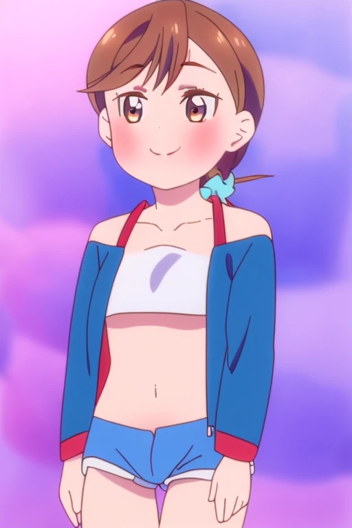 1girl,æ°´åå鹤,brown hair,long hair,bangs,brown eyes,nsfw,nose blush,smile,
white bikini,blue short shorts,white jacket,ponytail,navel,cleavage,scrunchie,collarbone,cutoffs,denim shorts,, Exquisite visuals, high-definition,masterpiece,best quality,