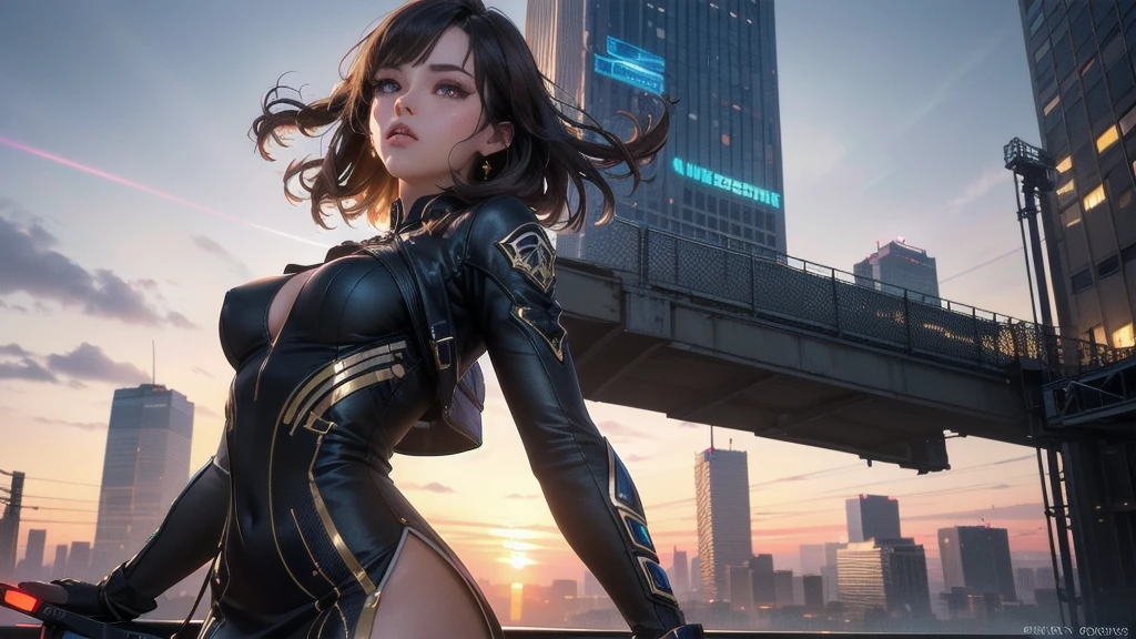 (upper body, beautiful dress), (best quality, masterpiece, high quality, 1girl, solo, (upper body, beautiful dress), illustration, beautiful detailed girl, beautiful detailed glow, beautiful detailed eyes, highres, detailed, high resolution illustraion, ultra-detailed, detailed background, beautiful detailed face), ((background: Generate a 3D banner image showcasing a futuristic cityscape at sunset. Incorporate realistic textures and lighting effects to emphasize the depth and realism of the scene. Highlight tall skyscrapers, neon lights, and flying vehicles, creating a sense of awe and wonder.))