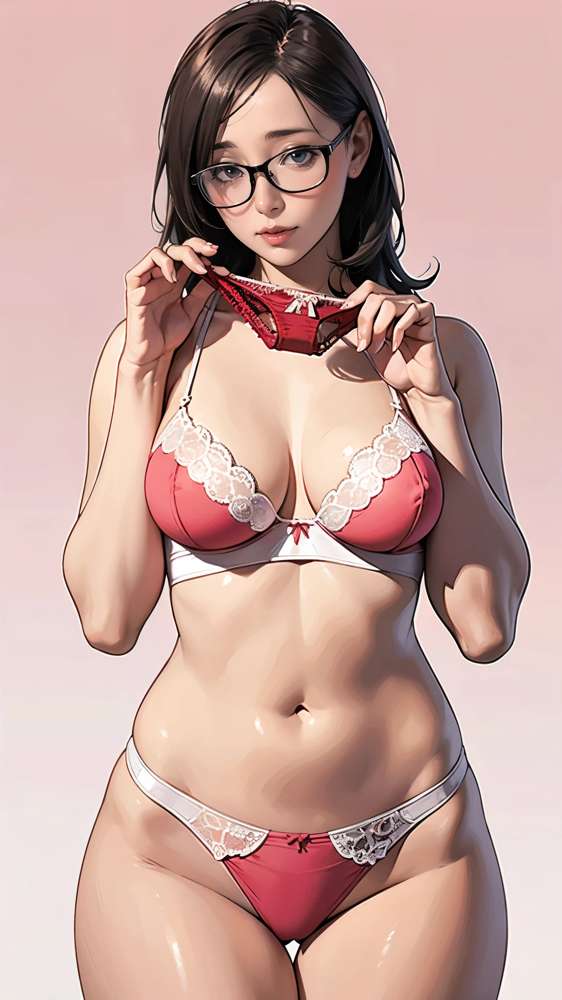 (masterpiece),(Highest quality),(Very detailed),(High resolution),(Best illustrations),8k,wallpaper,(1 female),(Mature Woman:1.6),(Japanese),(Beautiful female hands:1.6,Detailed depiction of the hand:1.3),(Functional),(Voluptuous),front,look at me,blush,(Glasses,Wearing a sexy white bra,Wearing tiny white panties),(Pink background,gray,White gradient),BREAK(Sexy red panties as a gift:1.3),(presenting panties)
